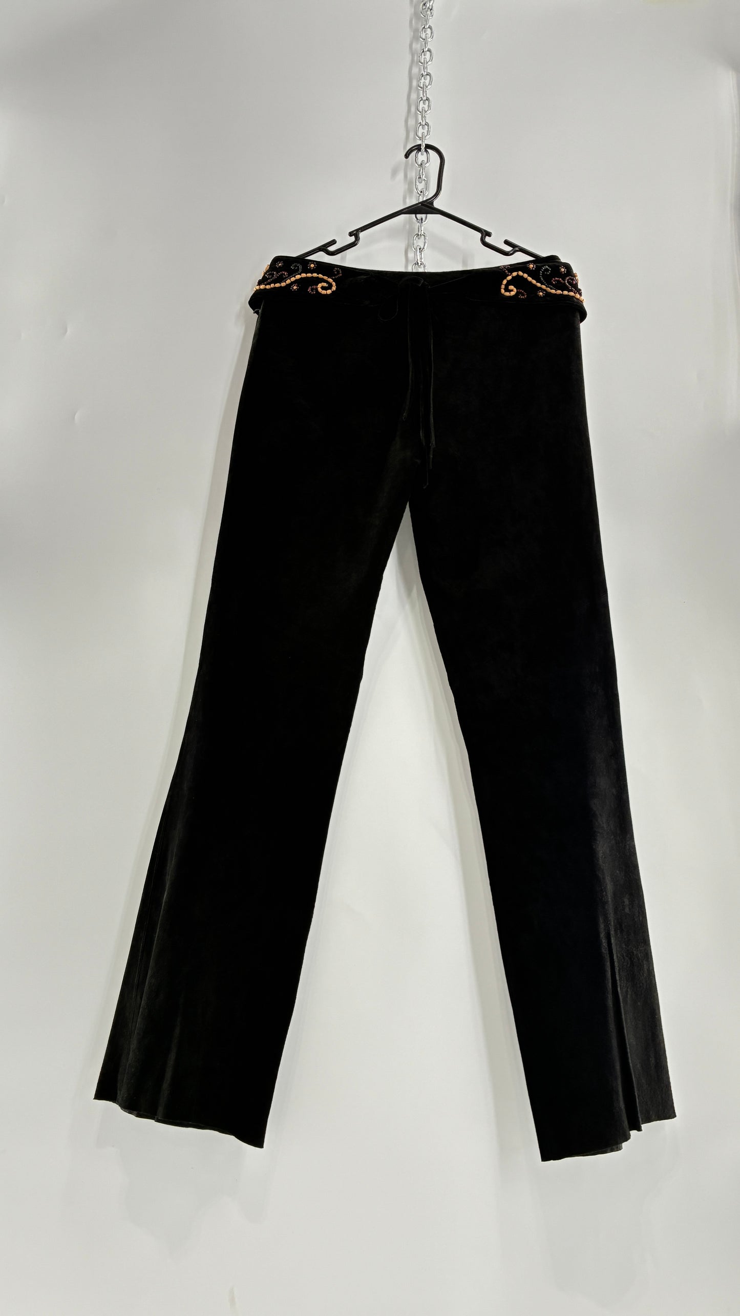 Vintage Margaret Godfrey Black Genuine Suede Leather Kick Flares with Wide Beaded Belt (10)
