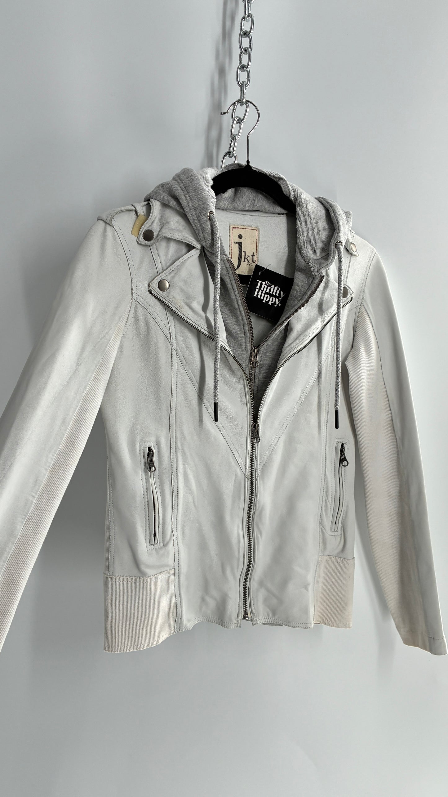 Jakett White Molly Burnished White Genuine Leather Double Layer Moto Jacket with Removable Grey Hoodie Insert (XS)