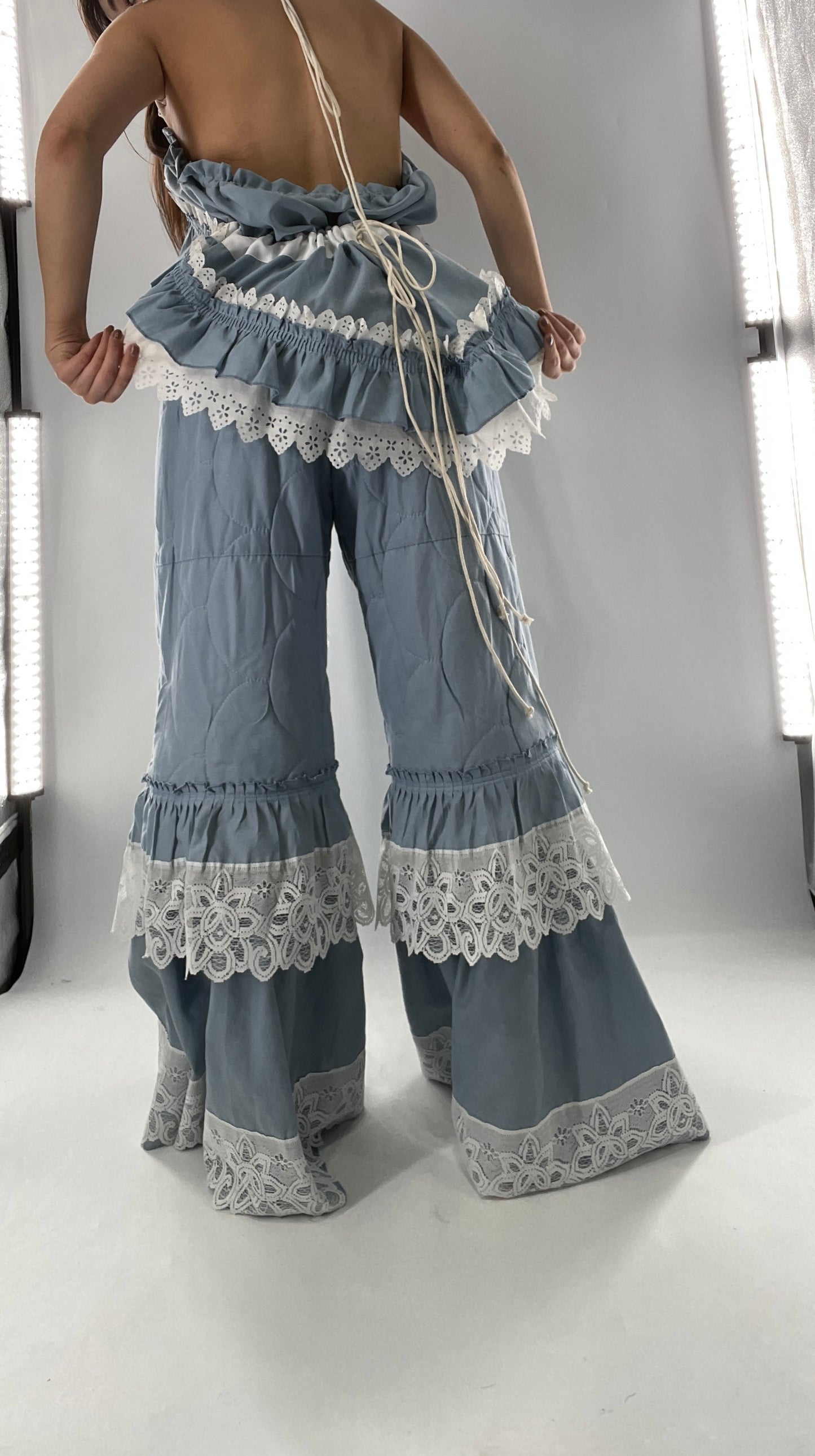 Vintage 2 Piece Powder Blue Set Featuring 2Way Blouse and Quilted Trousers Covered in Ruffles, Lace and Trim (One Size)