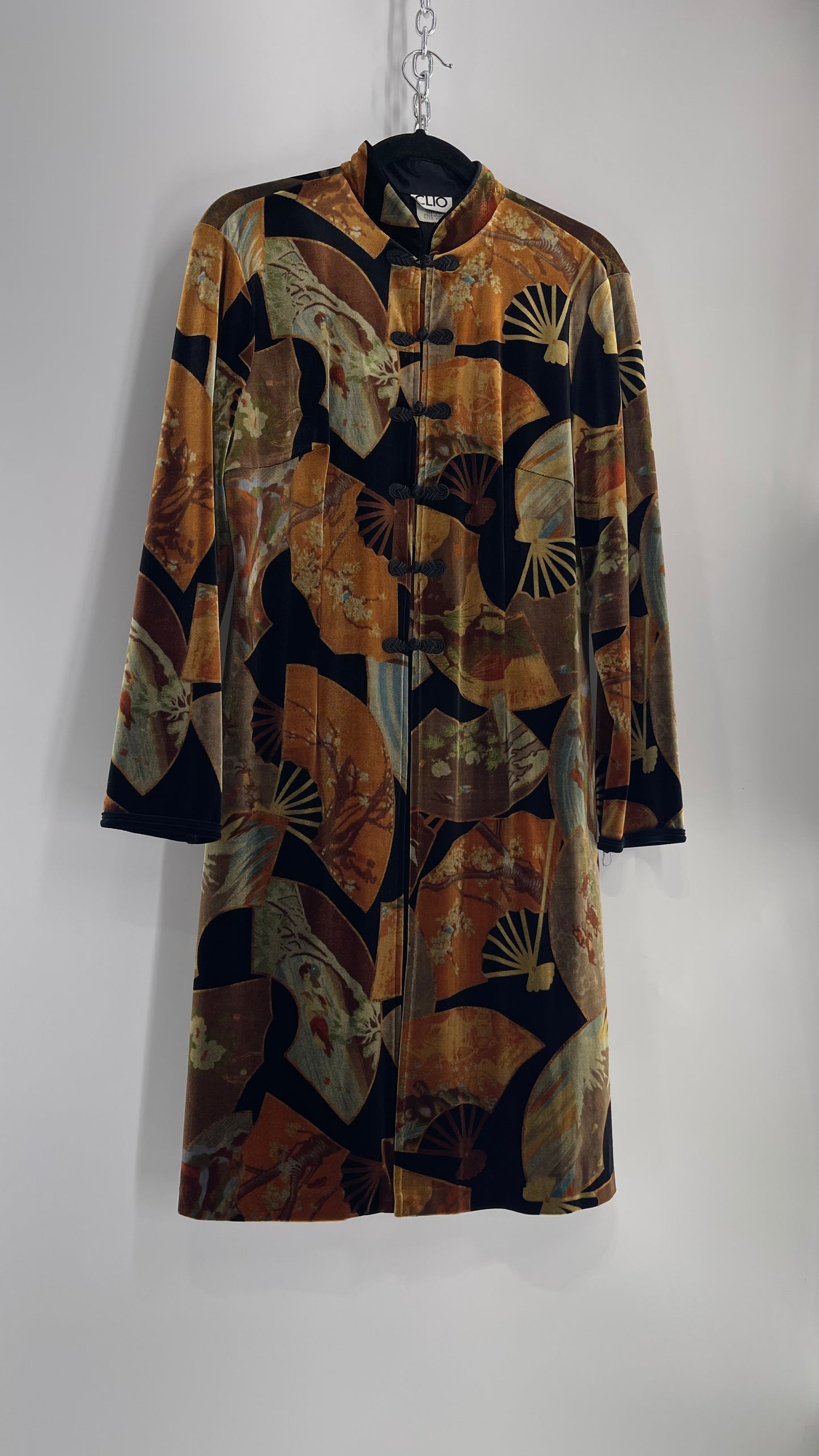 Vintage CLIO 1990s Black Velvet/Velour Fan Patterned Duster Coat (Medium)