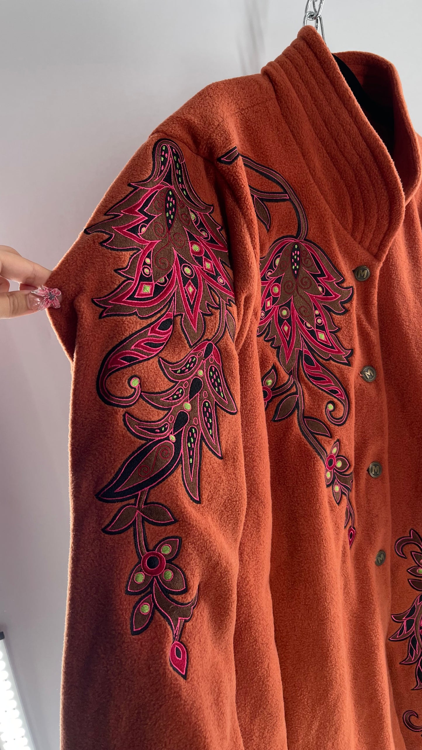 Deadstock Vintage Bob Mackie Orange Coat with Embroidered Sleeves and Body, Embossed Buttons and Tags Attached (XXXL)