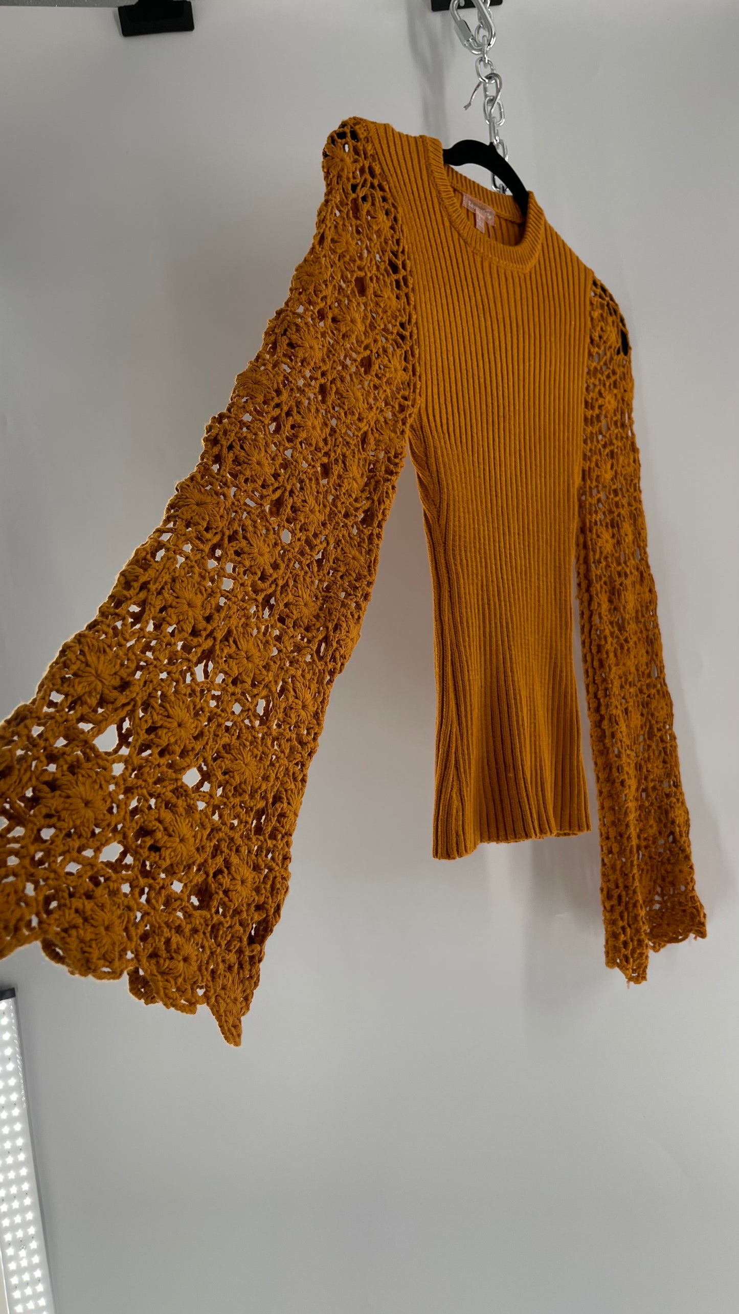 Love Colétte Mustard Sweater with Crochet Bell Sleeve (Large)