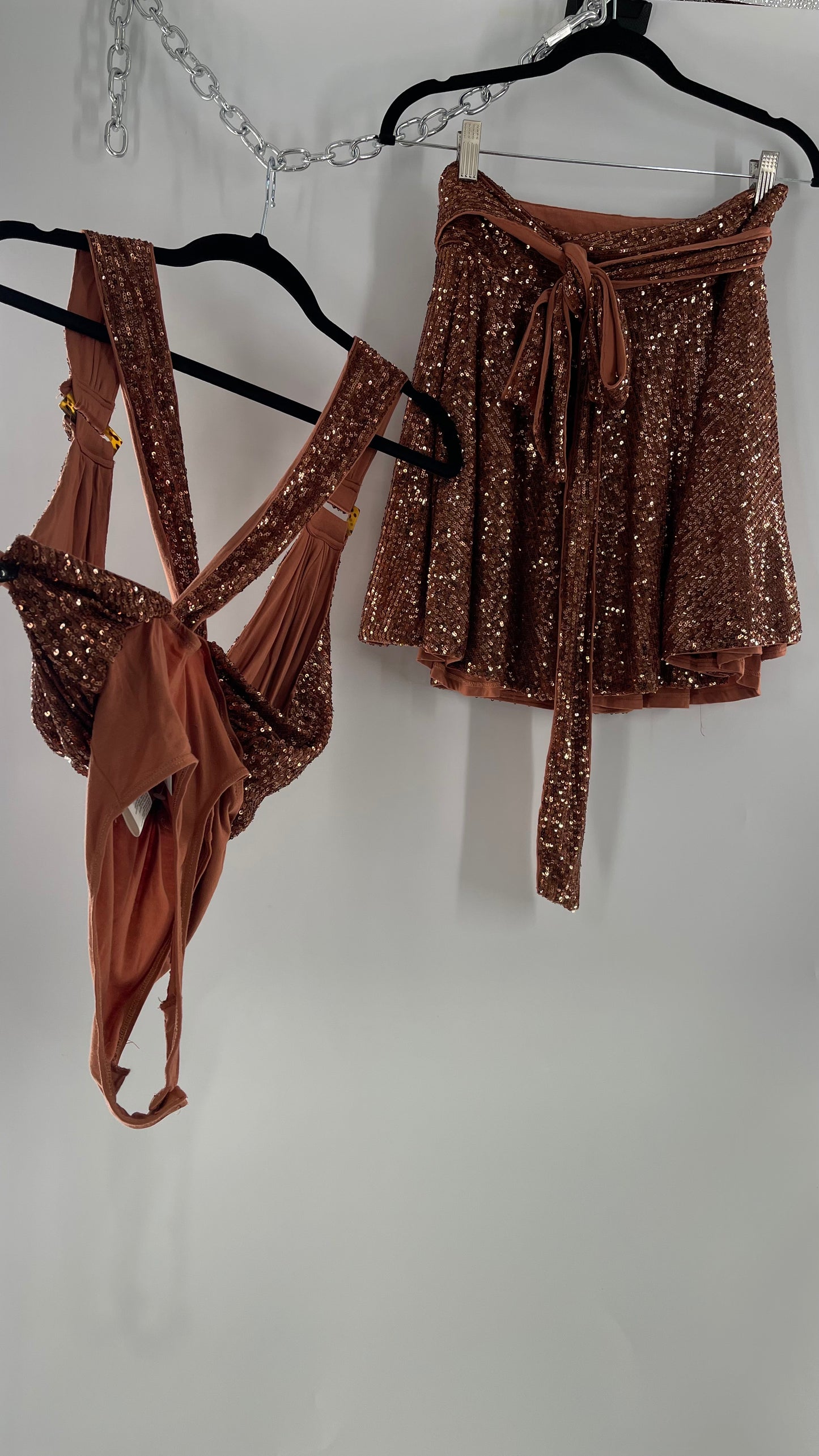 Free People Bronze Sequin 2Piece Set with Wrap Around Skirt and Bodysuit (XS body, S Skirt)
