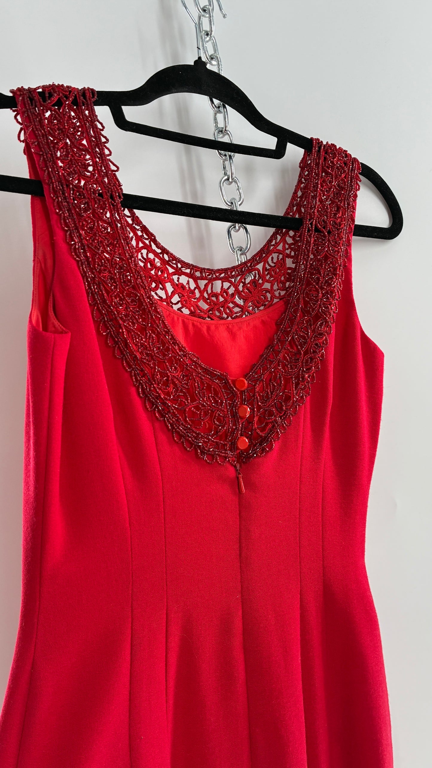 Vintage CARMEN MARC VALVO Red 100% Fitted, Tailored Wool Dress with Beaded Hem and Neckline (6)