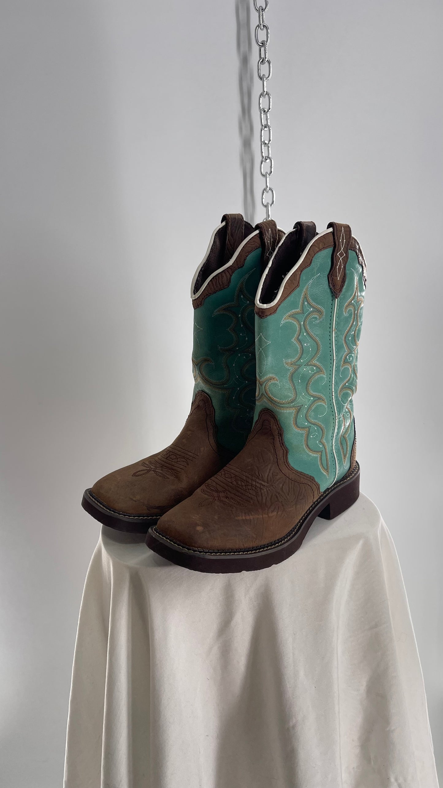 Vintage Justin Gypsy Brown Leather Turquoise Raya Cowboy Boots (8.5B)