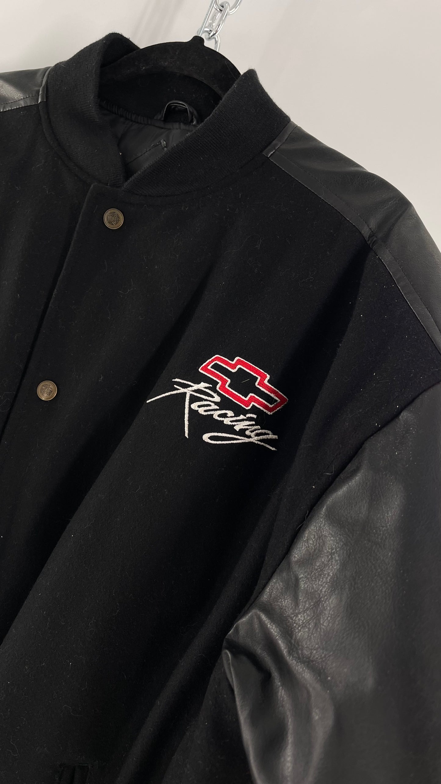 Vintage Chevy Racing Varsity Bomber Jacket with Red Logo Embroidery (Large)