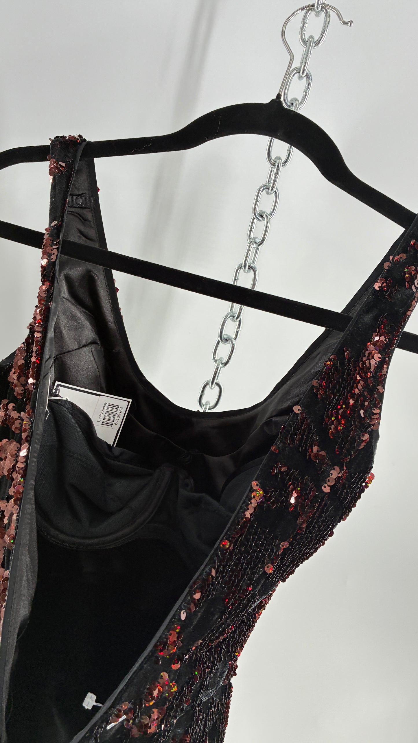 MILLY Cora Velvet, Black and Rose Gold Sequin Mini Dress with Built in Corset (4)