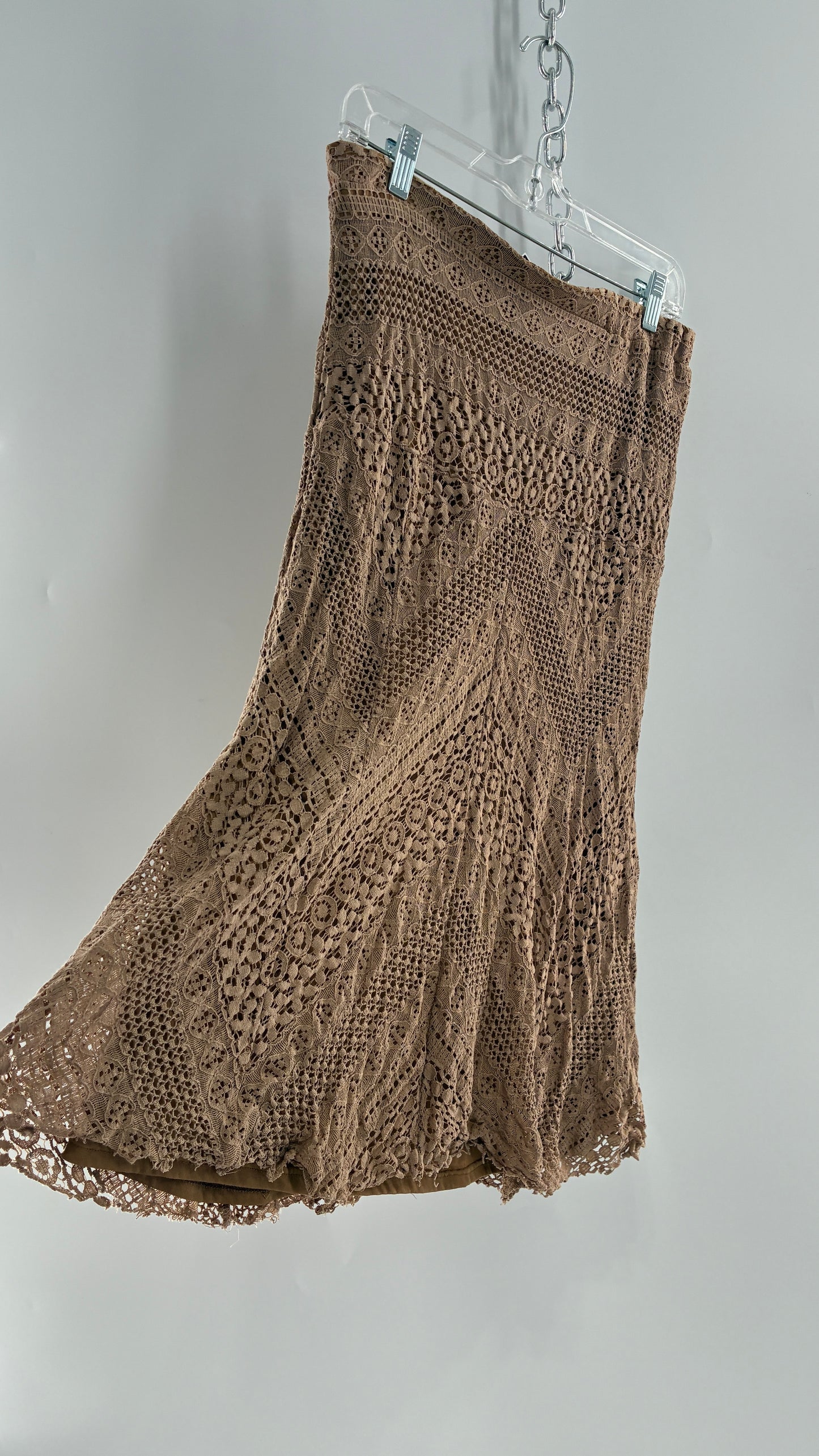 Vintage SOLITAIRE Tan Brown Lace Midi Skirt (Medium)