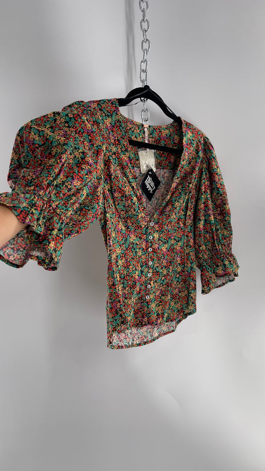 Free People 100% Cotton Colorful Florals Blouse with Deep V, Puff Sleeves, Button Front, and Tags Attached  (Small)