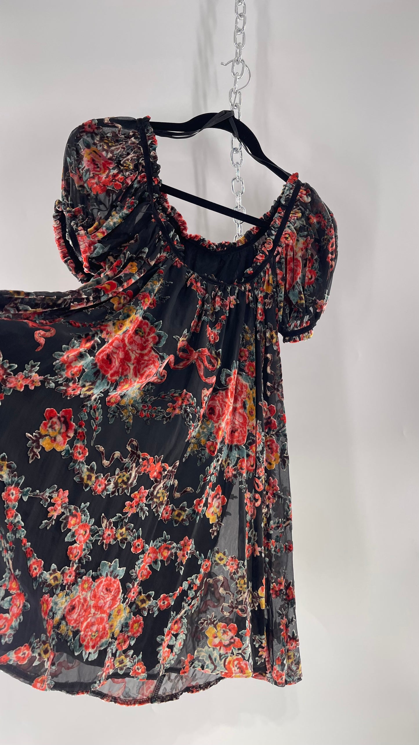 Free People Beautiful Blooms Velvet Florals Babydoll Dress (Small)