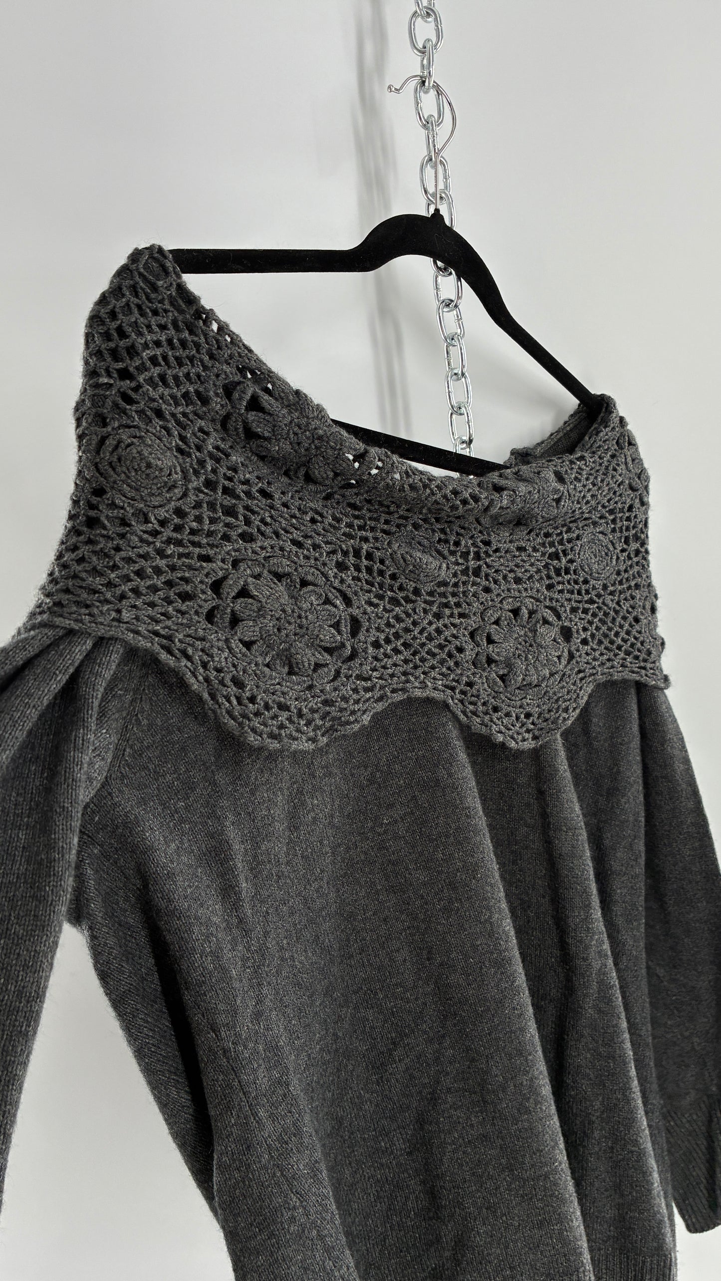 Vintage ELENA MIRO 29% Virgin Wool 8% Angora Wool 8% Cashmere Grey Off the Shoulder Crochet Band Sweater (Medium)