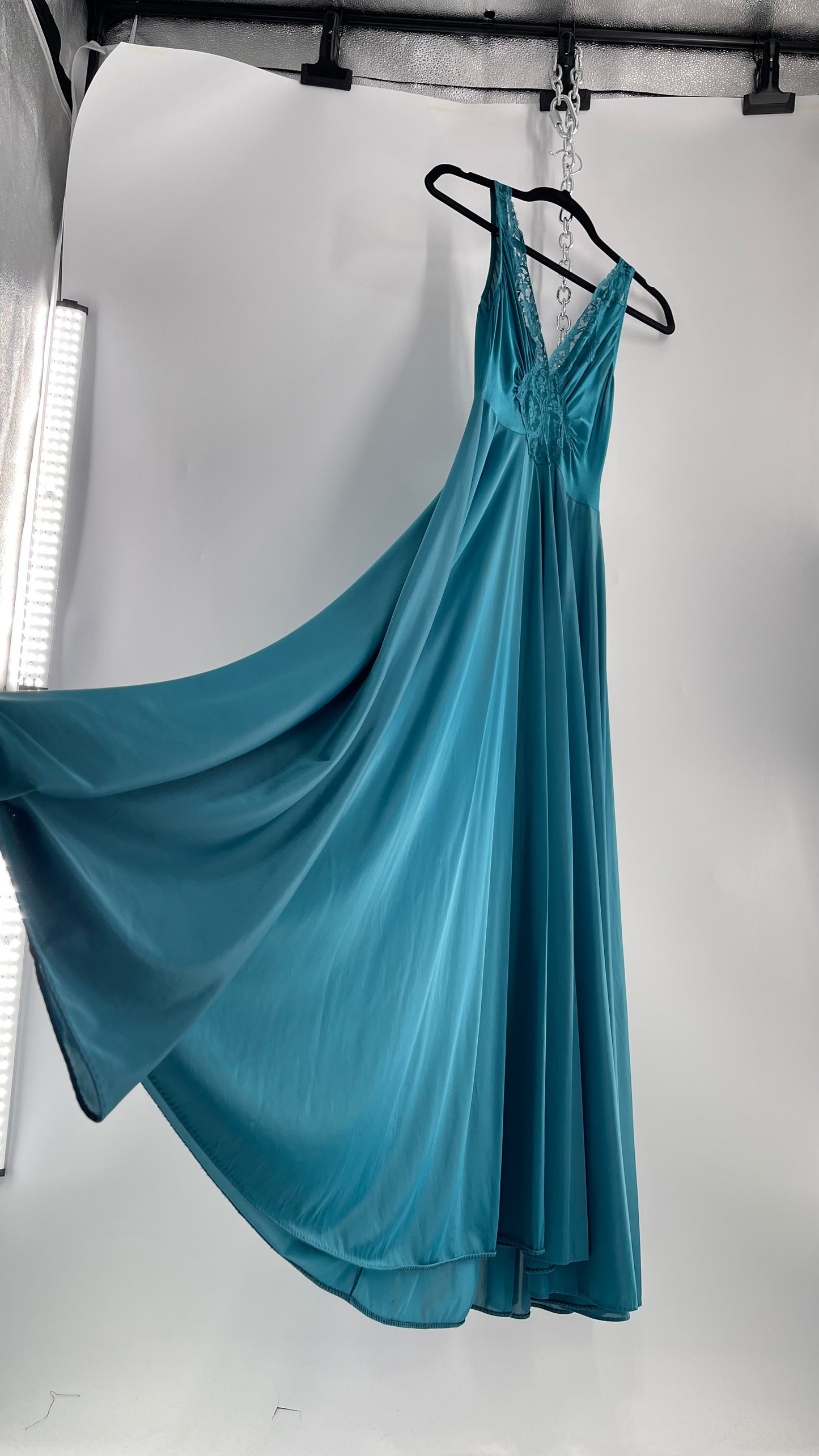 Vintage Olga Intimates Floor Length Voluminous Blue Jewel Toned Maxi Dress/Night Gown with Lace Bust (Small)