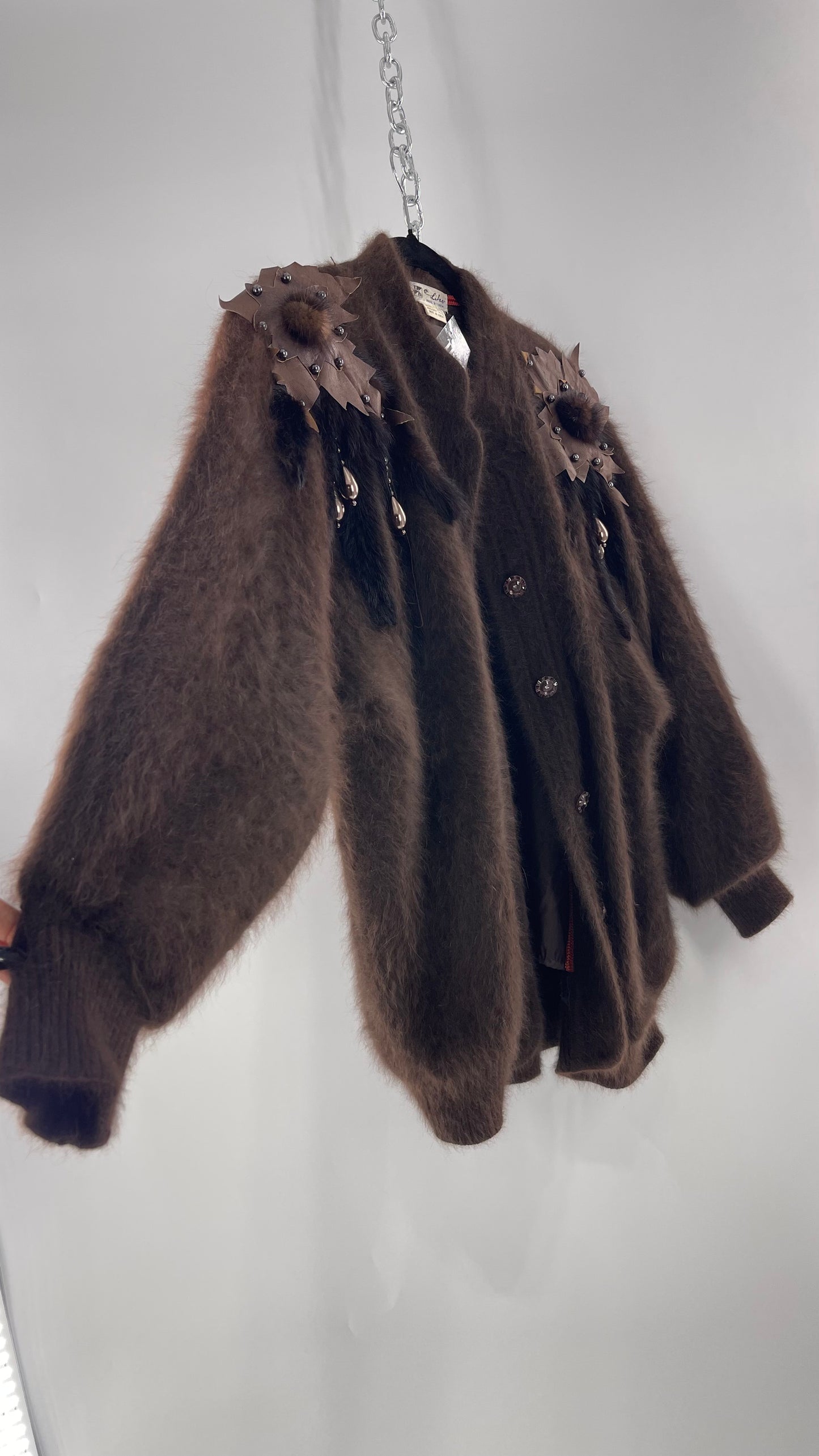 Liho Korean Vintage Brown Cardigan with Leather, Fur and Beaded Detailing 15% Wool 75% Angora  (C)(Medium)