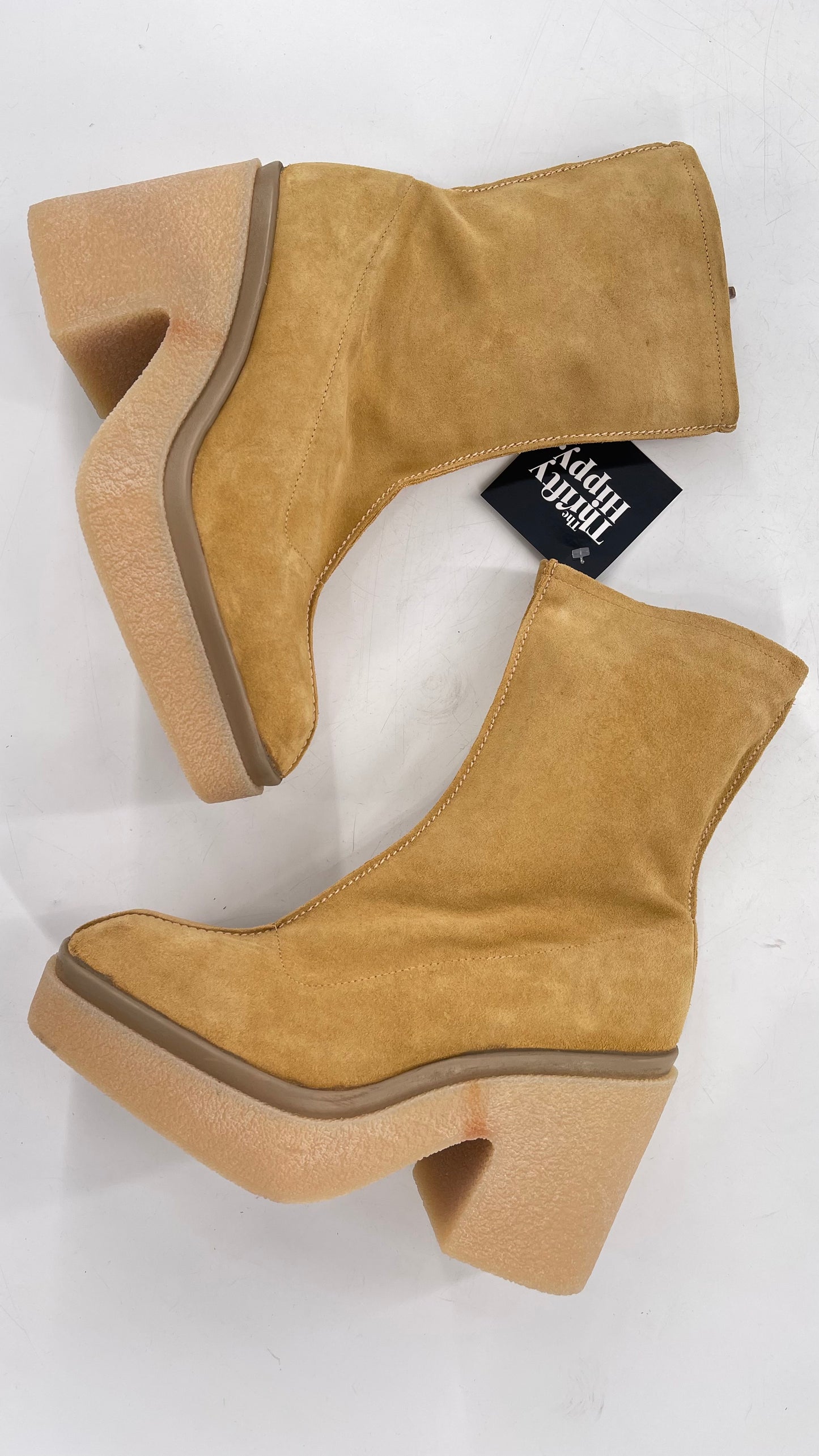 Free People Gigi Tan Suede Ankle Boots with Platform and Chunky Rubber Heel (38.5)