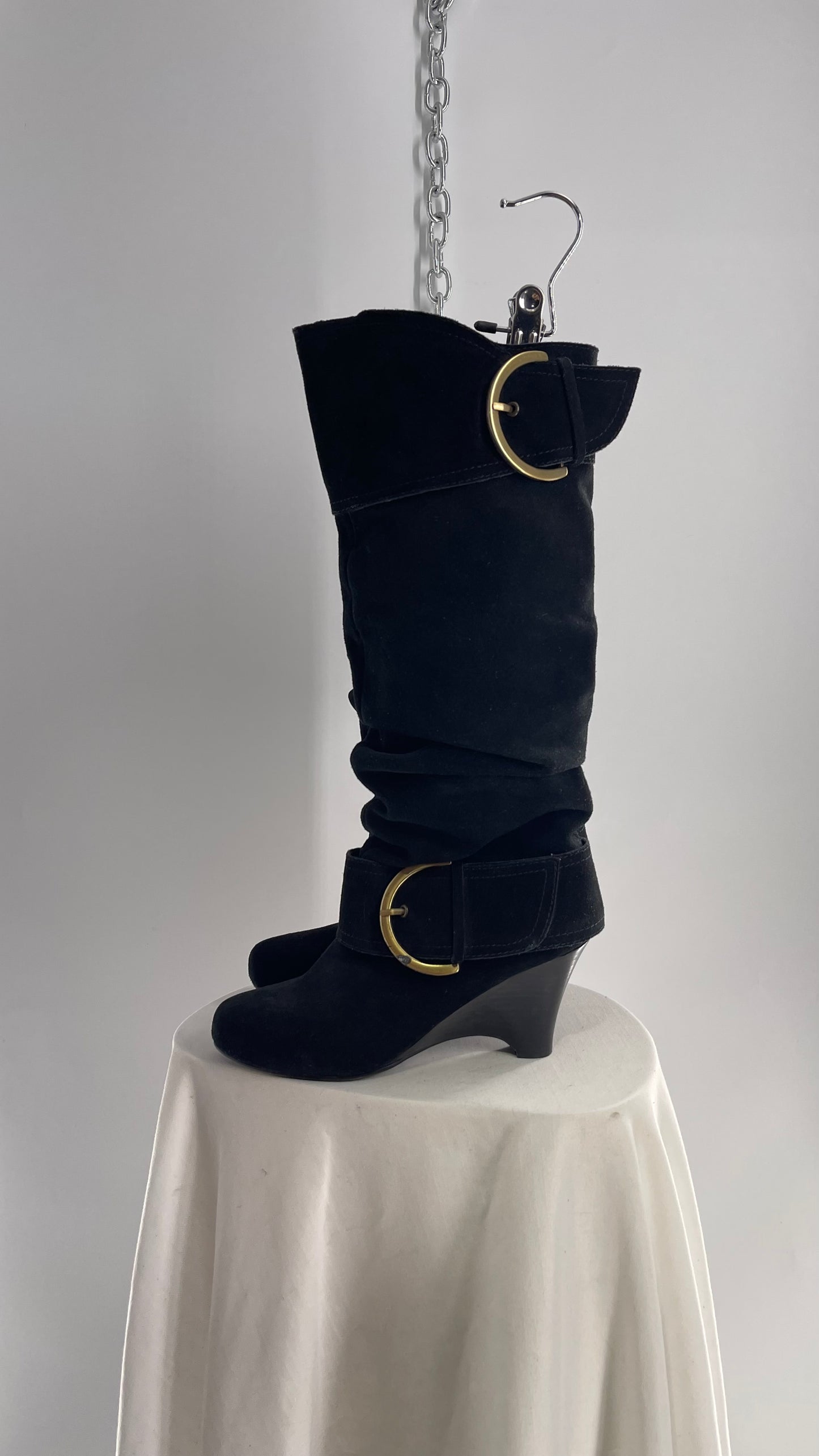 Naughty Monkey Black Suede Wedge Boot with Gold Buckle (7)