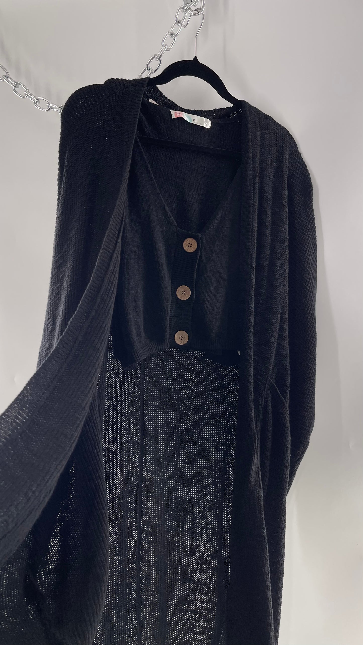 Free People Kai 3 piece Black Knit Cardigan, Tank, Shorts Set with Extra Button Never Worn (Medium)