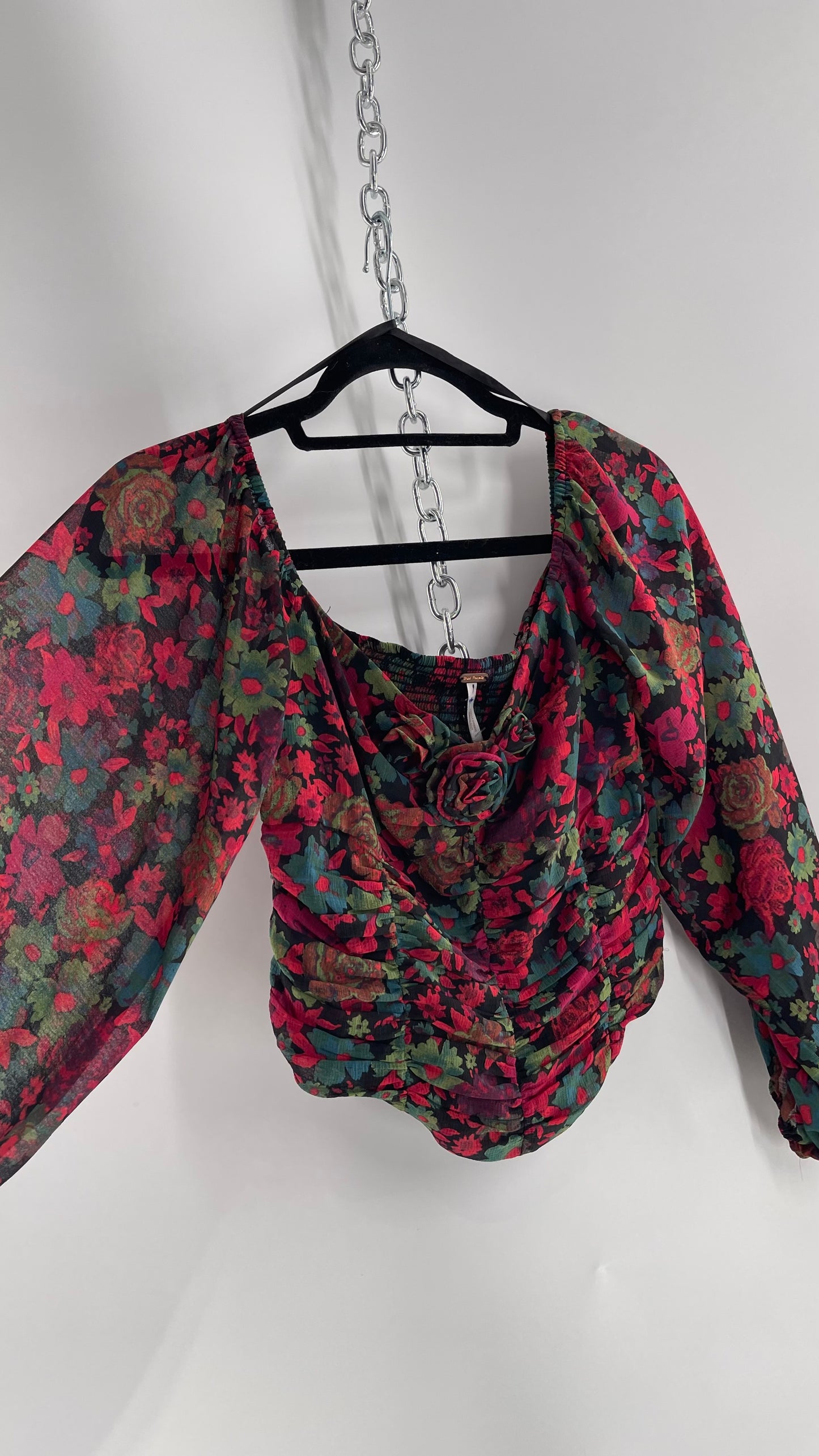 Free People Cropped Floral Blouse with Ruched Body, Balloon Sleeves and Appliqué Rosette Bustline with Tags Attached (Small)