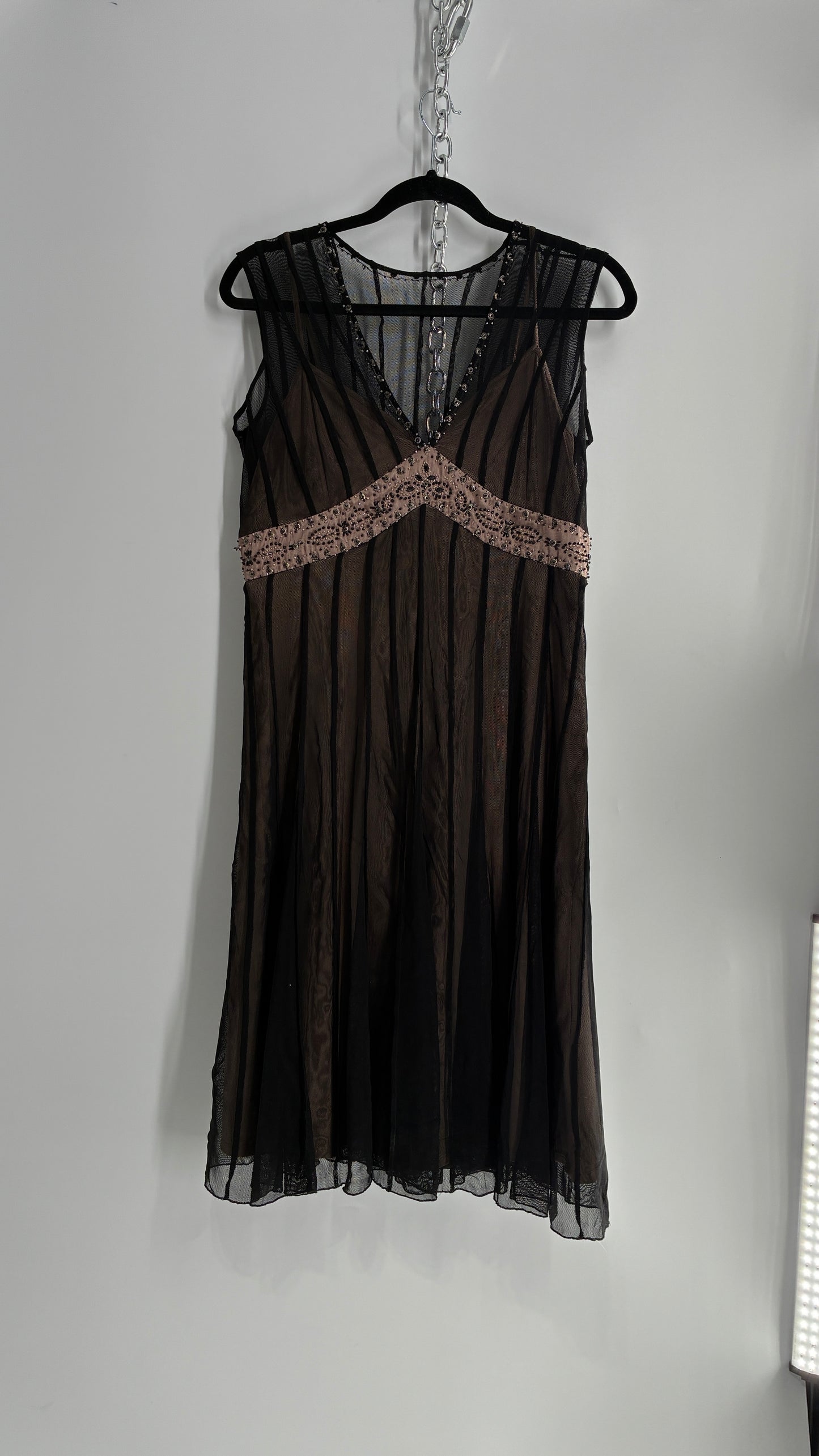 ECI NEW YORK Nude Camisole Dress with Black Mesh Overlay and Beaded Details (8)