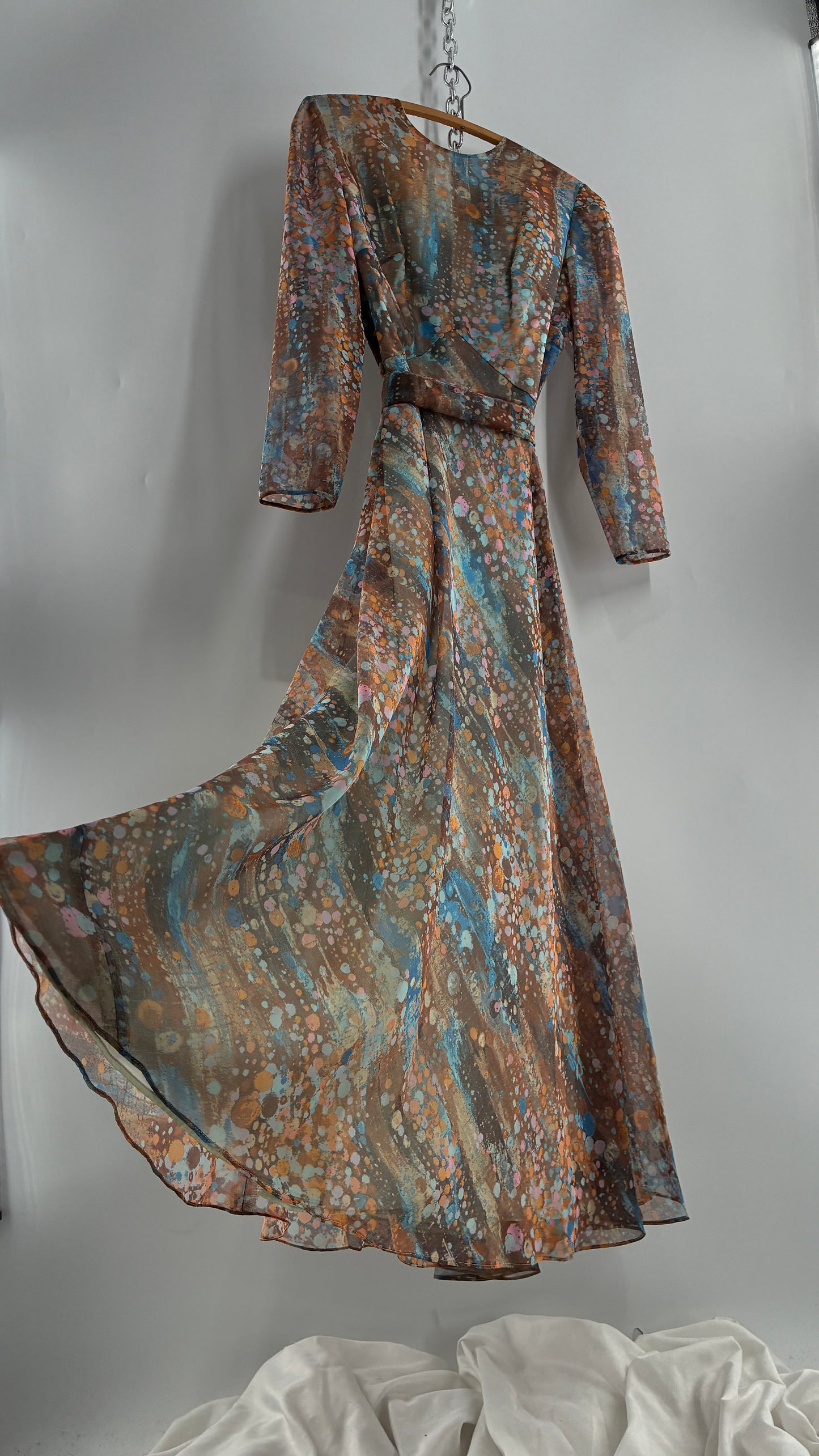 Vintage 1970s HELEN BASS Brown, Orange, Blue Voluminous Maxi Dress (S)