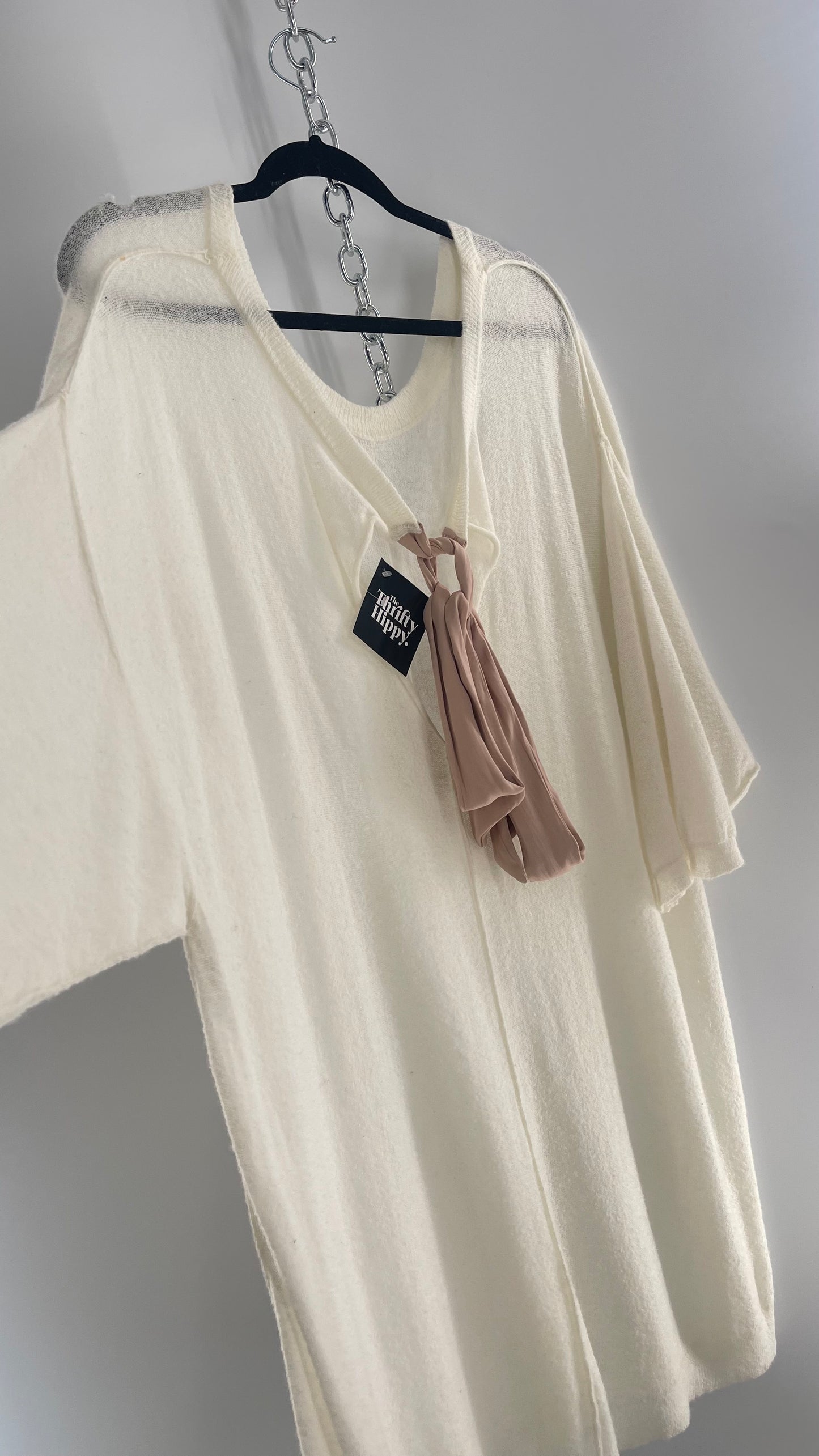 Free People Off White Thin Knit Cozy Sweater Dress with Open Back and Dusty Rose Ribbon (L)