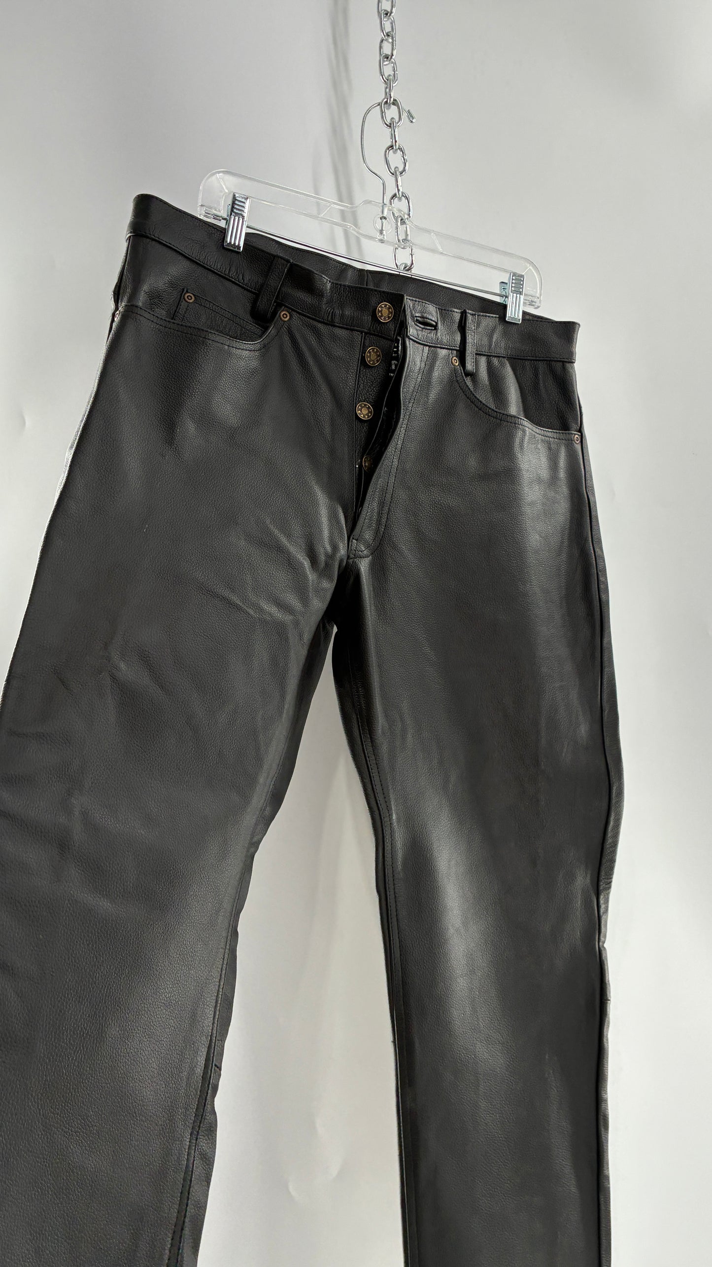 Vintage Button Front, French, Black, Thick Genuine Leather Pants (36)