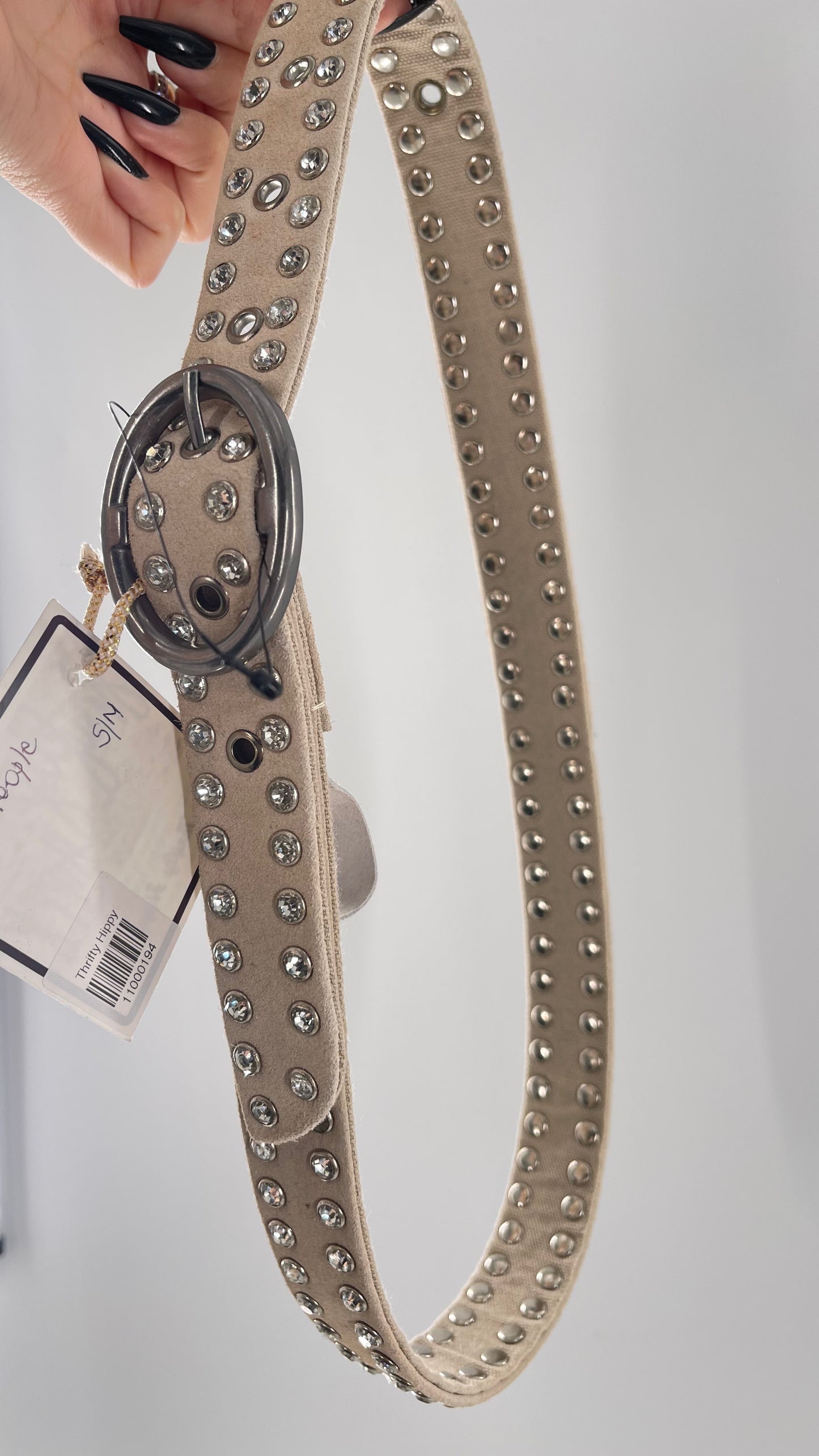Free People Beige Leather Canvas Studded Rhinestone Crystal Studded Belt with Heavy Metal Buckle (S/M)