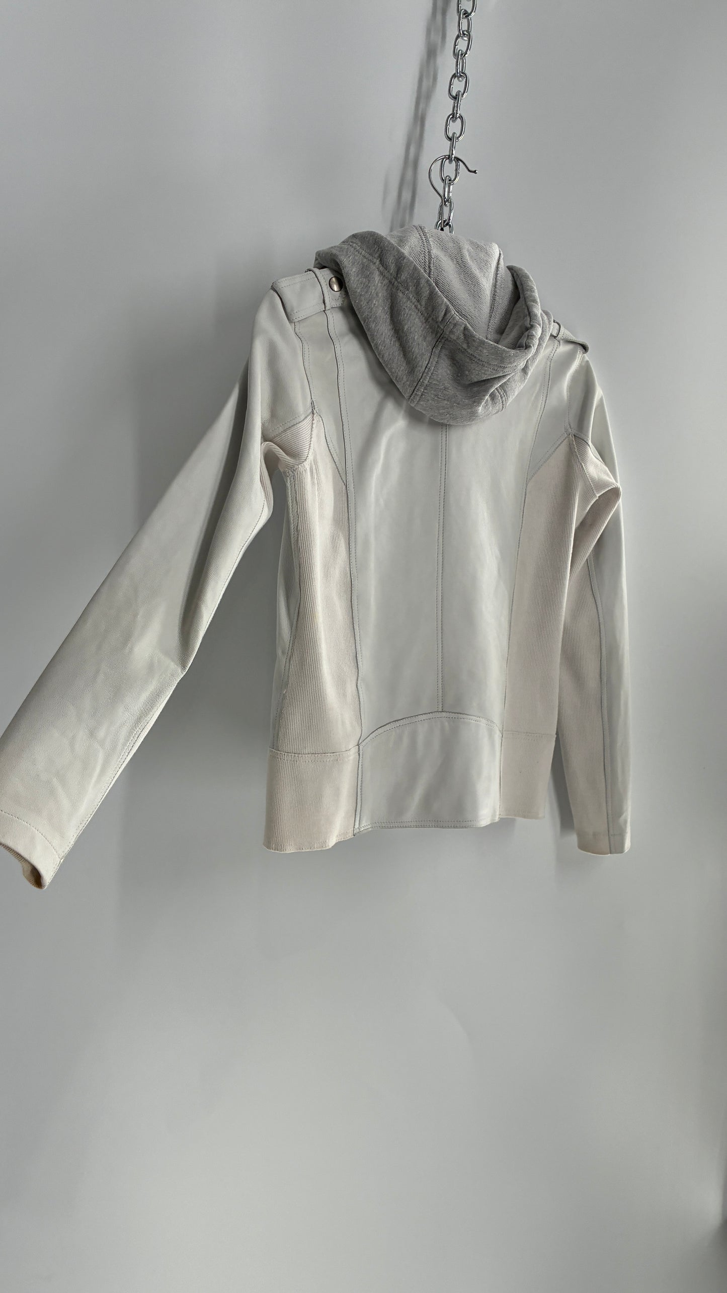 Jakett White Molly Burnished White Genuine Leather Double Layer Moto Jacket with Removable Grey Hoodie Insert (XS)