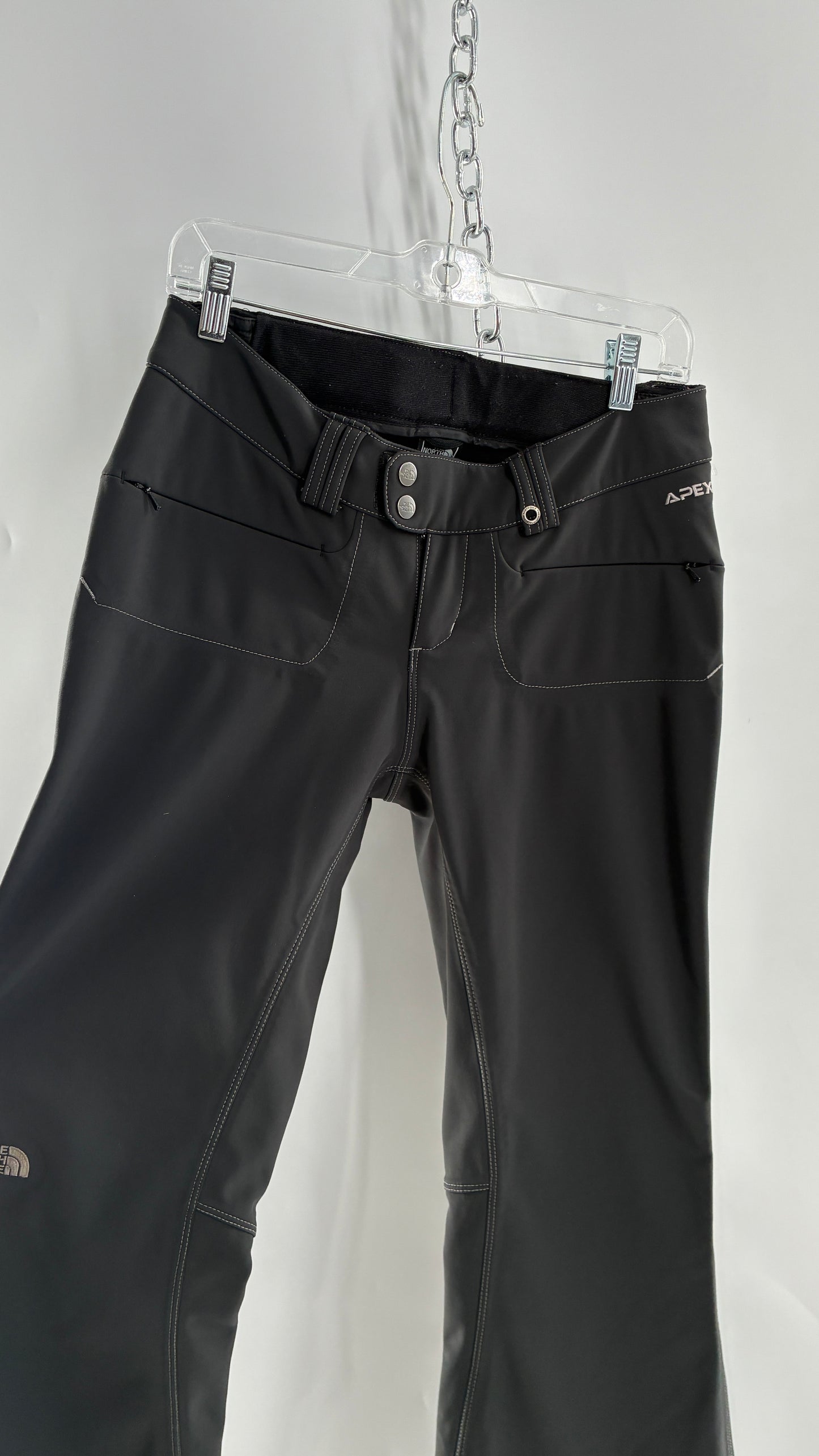 Vintage North Face Dark Gray, Low Rise, Kick Flare Pants with Contrast Stitching, Side Closure and Oversized Bum Pockets (Small)