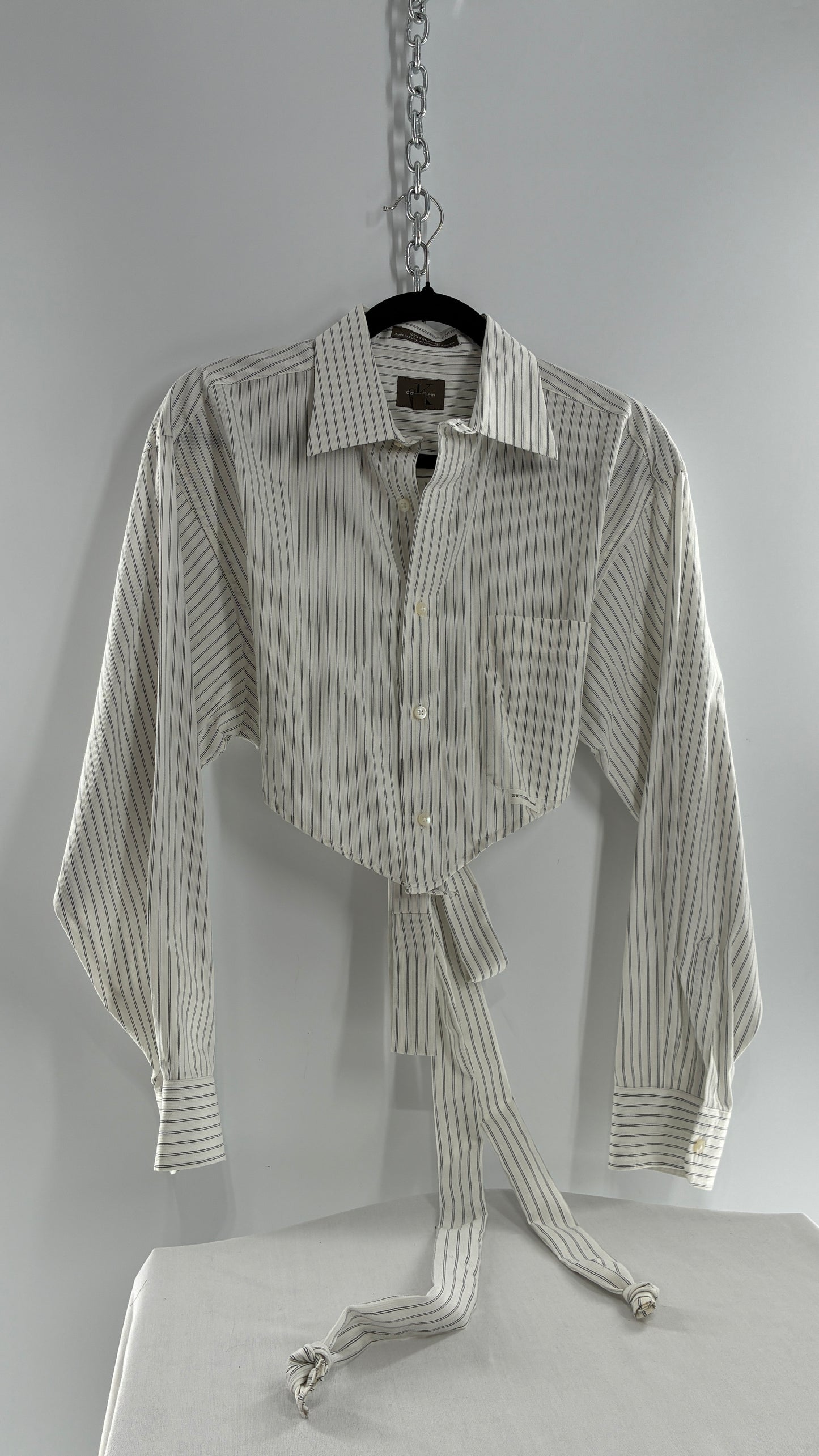 Vintage CALVIN KLEIN Reworked Button Front Backless White Striped Blouse (One Size)