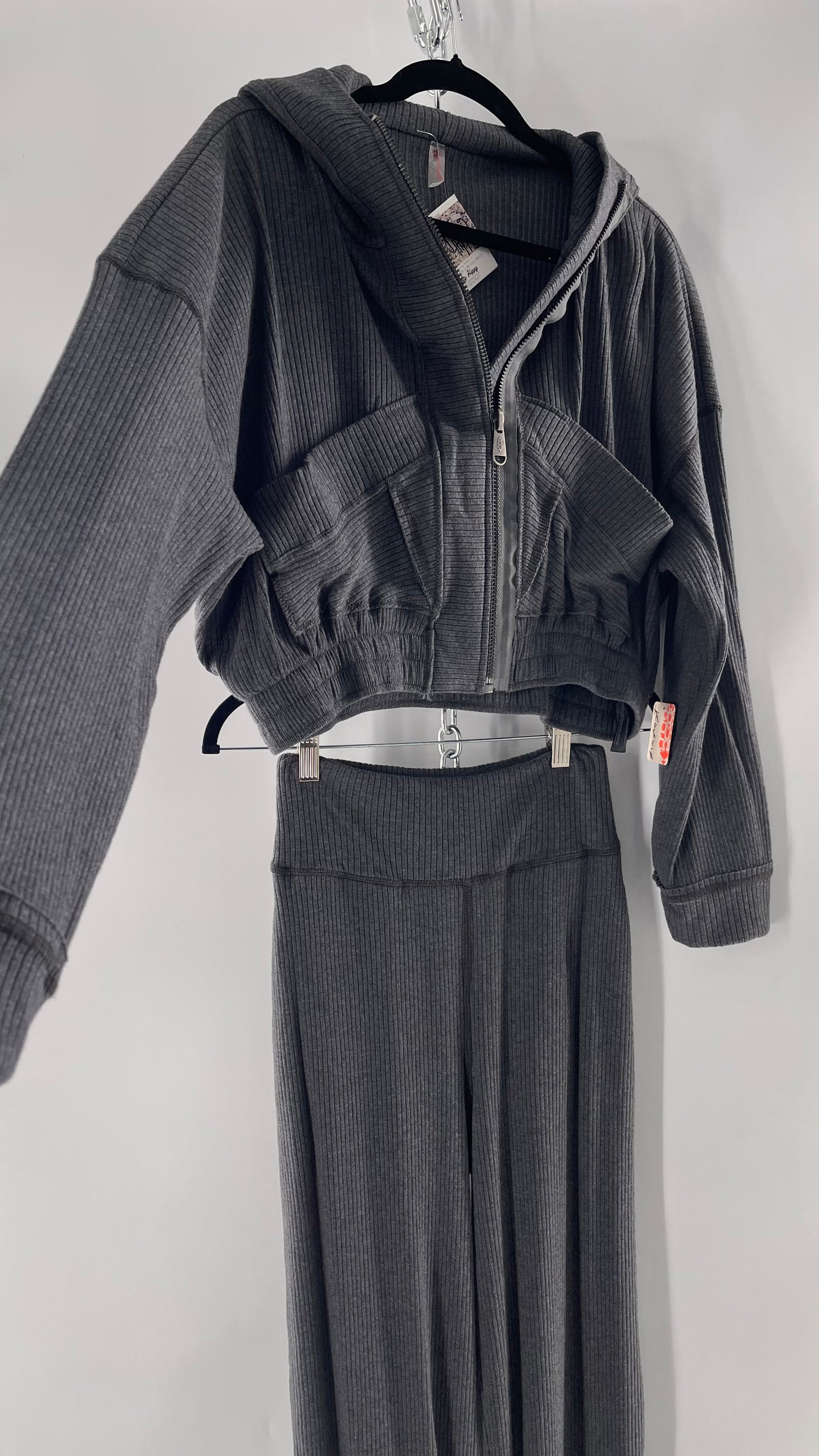Free People Charcoal Slate Gray 2 Piece Set with Cropped Hoodie and Jogger Sweats with Tags Attached (XS)