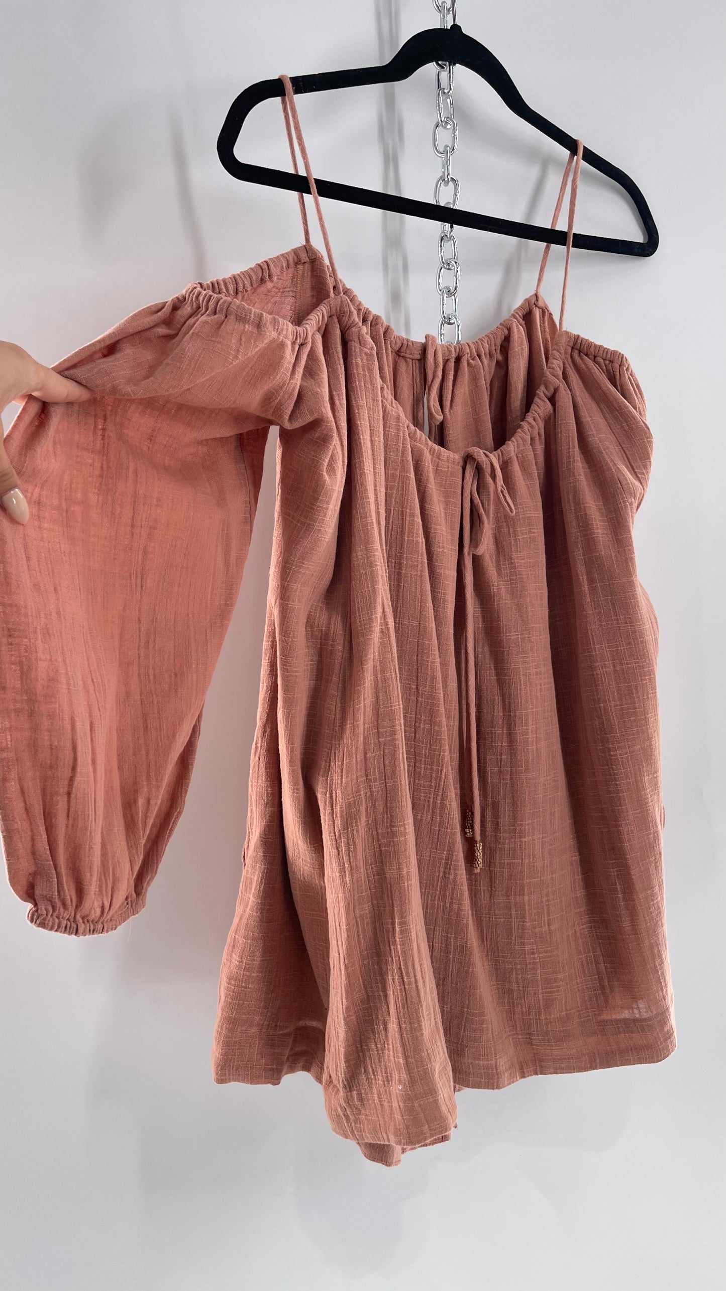 Free People Cotton Blush Pink Button Front Cold Shoulder Dress (Medium)