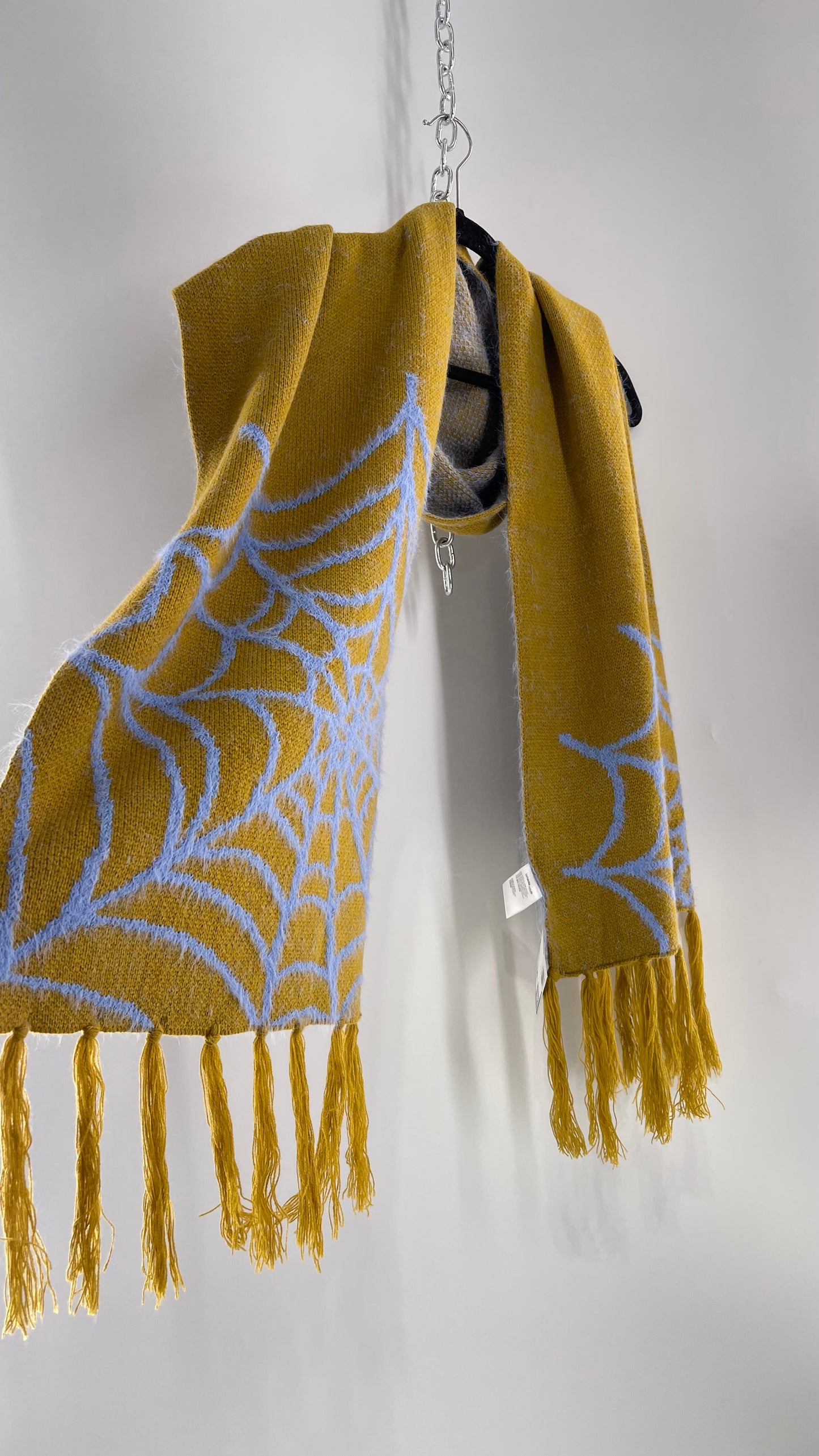 Free People Yellow Green Thick Knit Scarf with Powder Blue Spider Web Graphic