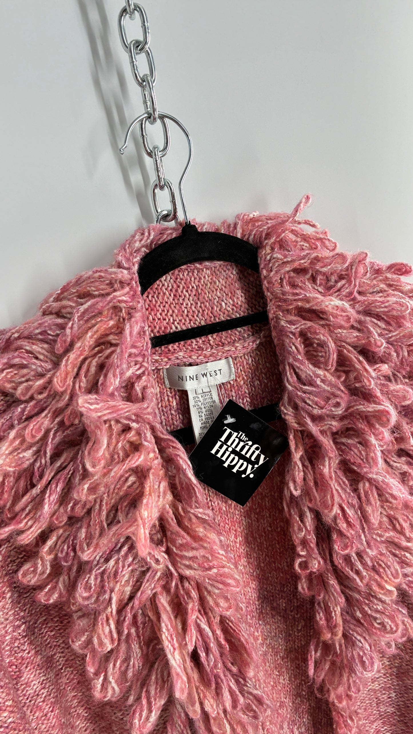 Nine West Pink Knit Cardigan Jacket with Exaggerated Fringe Collar and Cuffs (Large)