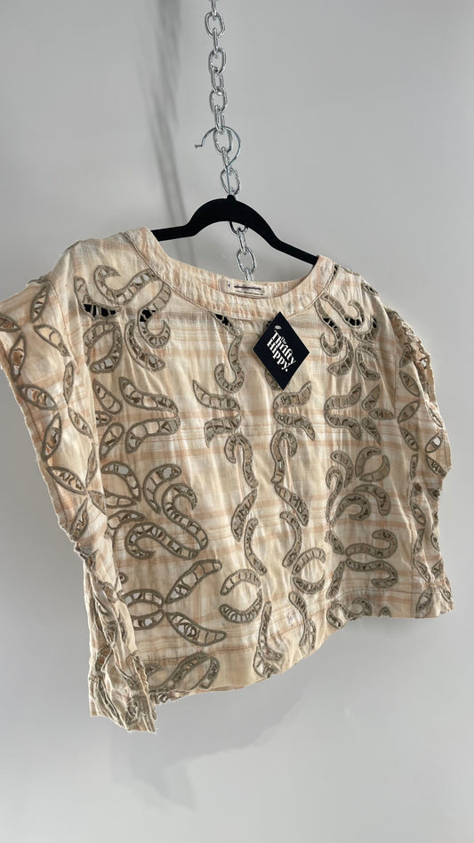 Free People 100% Cotton Plaid Blouse with Tan Embroidered Eyelet Lace Cut Outs (XS)