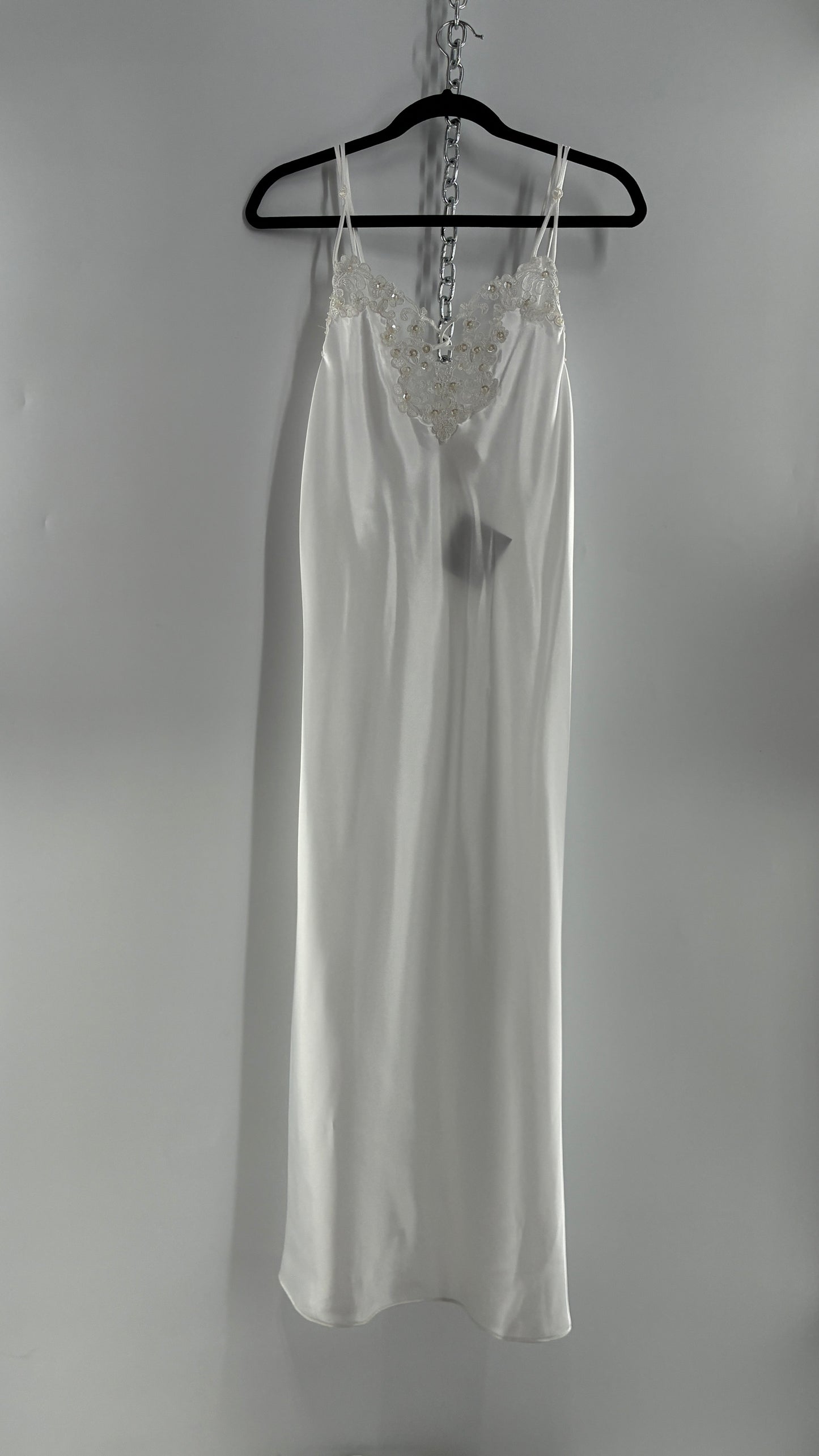 Vintage California Dynasty White Glossy, Silky Night Gown Style Dress with Sequined Lace Bustline (Small)