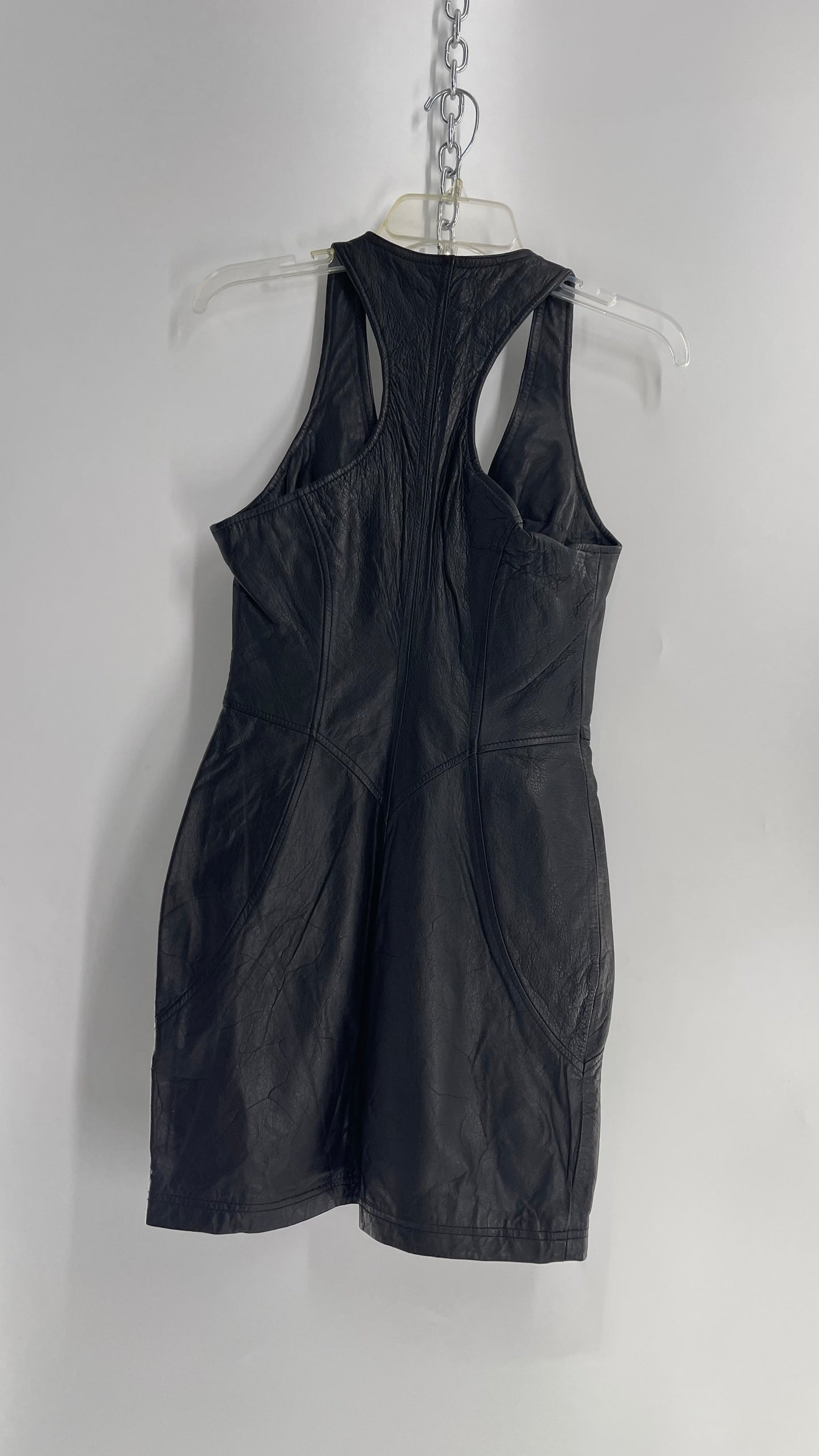 Vintage 1980s VERDUCCI Black Leather Zip Front Mini Dress (Small)