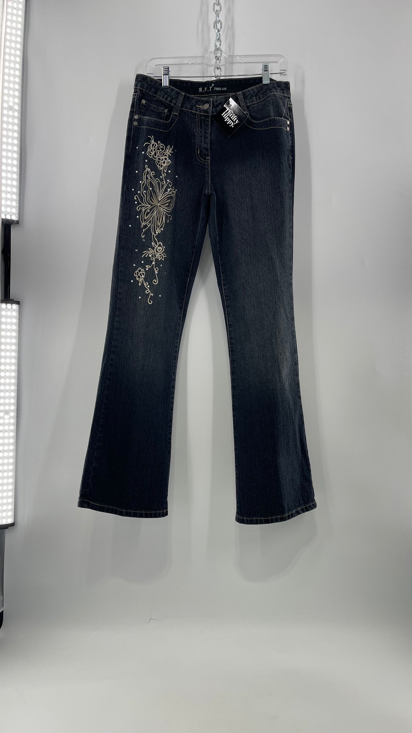 Vintage RVT Grey Kickflare Jeans with Butterfly Embroidery and Rhinestone Embellishment (9/10)