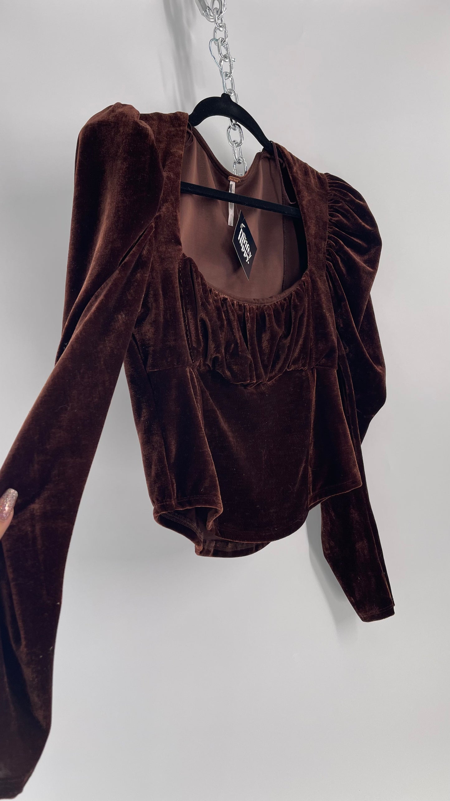 Free People Dark Brown Velvet Long Sleeve Cropped Blouse with Milkmaid Neckline and Renaissance Puff Shoulder (Large)
