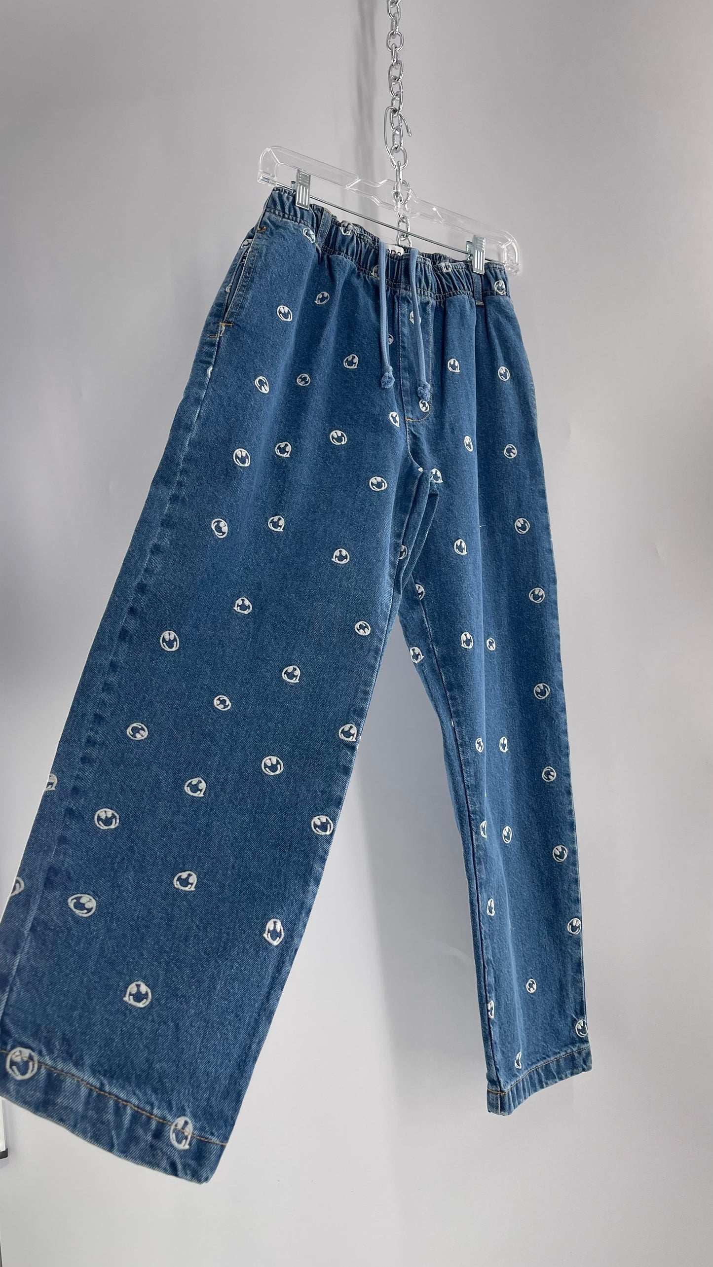 BDG Smiley Face Embroidered Baggy Wide Leg Medium Wash Jeans (Small)