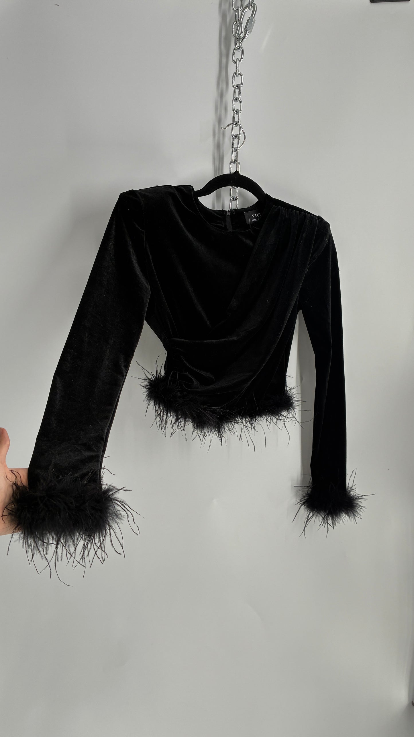 Vintage VICI Black Draped Long Sleeve with Ostrich Feather Hems and Cuff (XS)