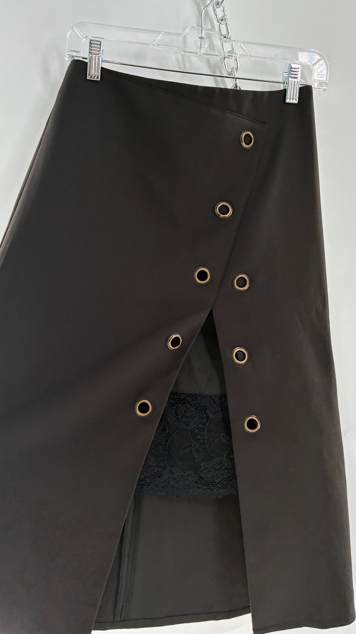 Vintage BYSI Black Skirt with Asymmetric Slit, Bronze Grommets and Lace Thigh Detail (EU36,UK8)