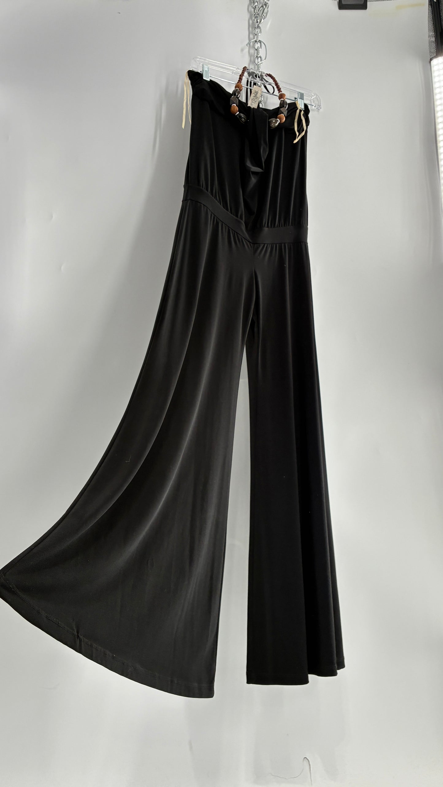 Vintage L8ter 1990s Black Drop Waist Wide Leg Jumpsuit with Beaded Choker Halter (Small)