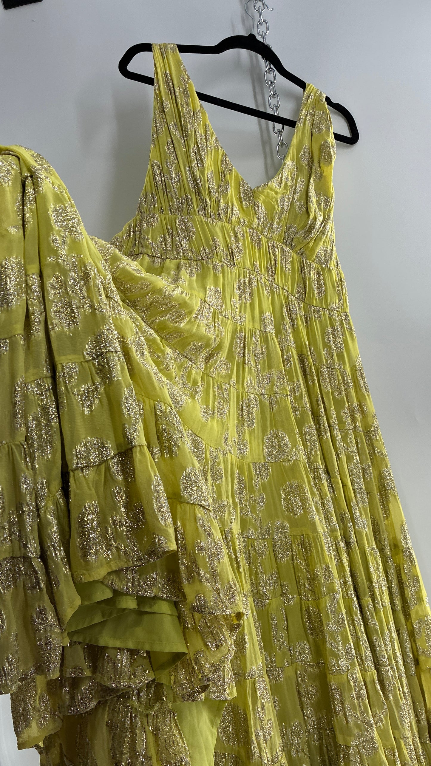 LET ME BE Lime Yellow/Green Ultra Voluminous Tiered Dress with Gold Metallic Jacquard Appliqué Pattern (XL)