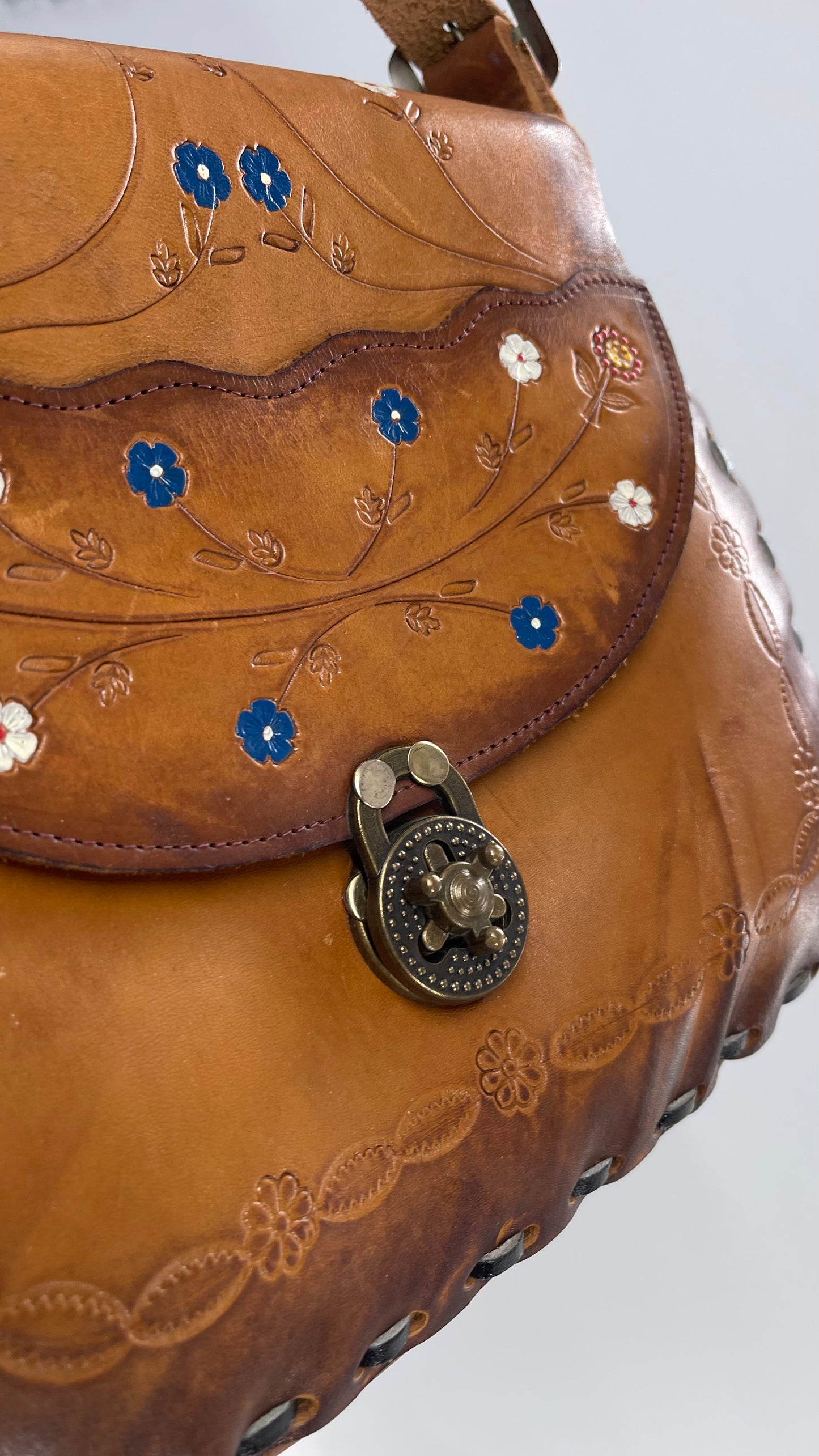 Vintage 1970s Mexico Leather Saddle Bag with Engravings, Stitching and Turnstile Closure