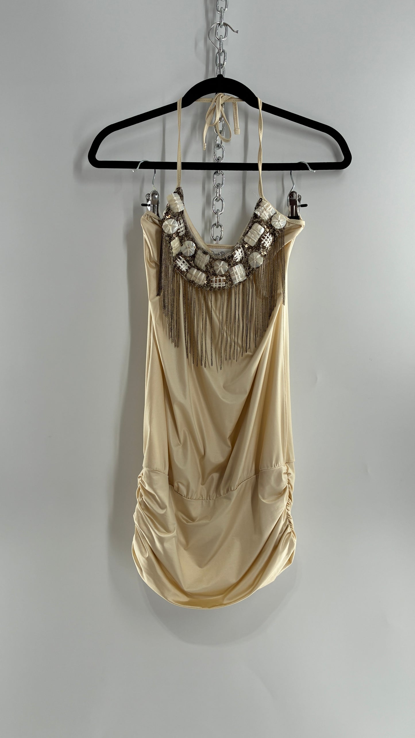 Beach Bunny Ivory Lycra Balloon Hem Mini Dress with Exaggerated, Beaded and Metal Chain Neckline (Small)