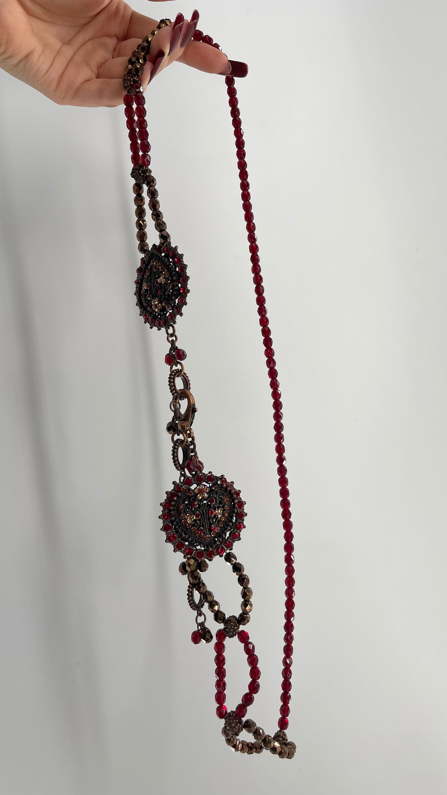 Vintage Crimson Red, BeadedWaist Chain Belt with Stone and Embossed Medallion Details