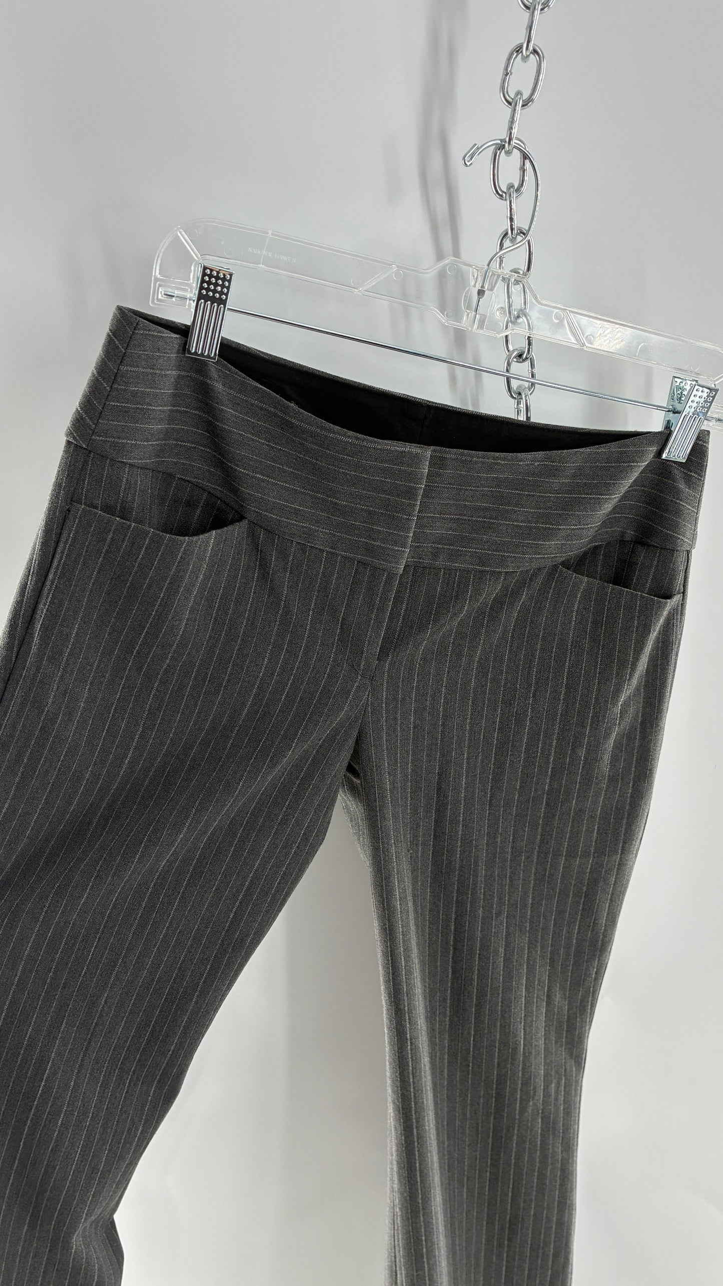 Vintage 1990s EXPRESS Editor Dark Grey Pinstripe Ultra Low Rise Thick Hip Band Kick Flares (2)