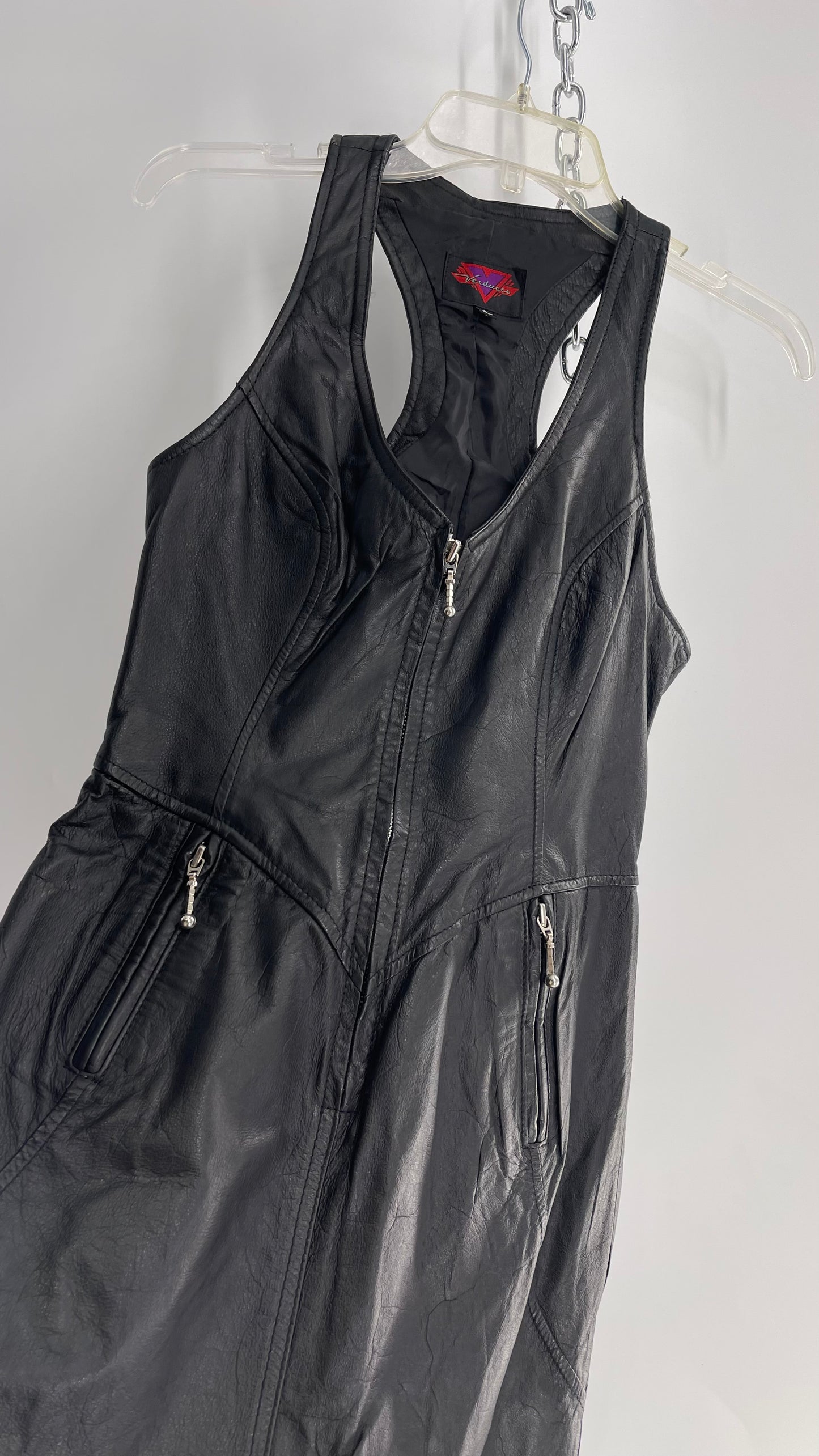 Vintage 1980s VERDUCCI Black Leather Zip Front Mini Dress (Small)