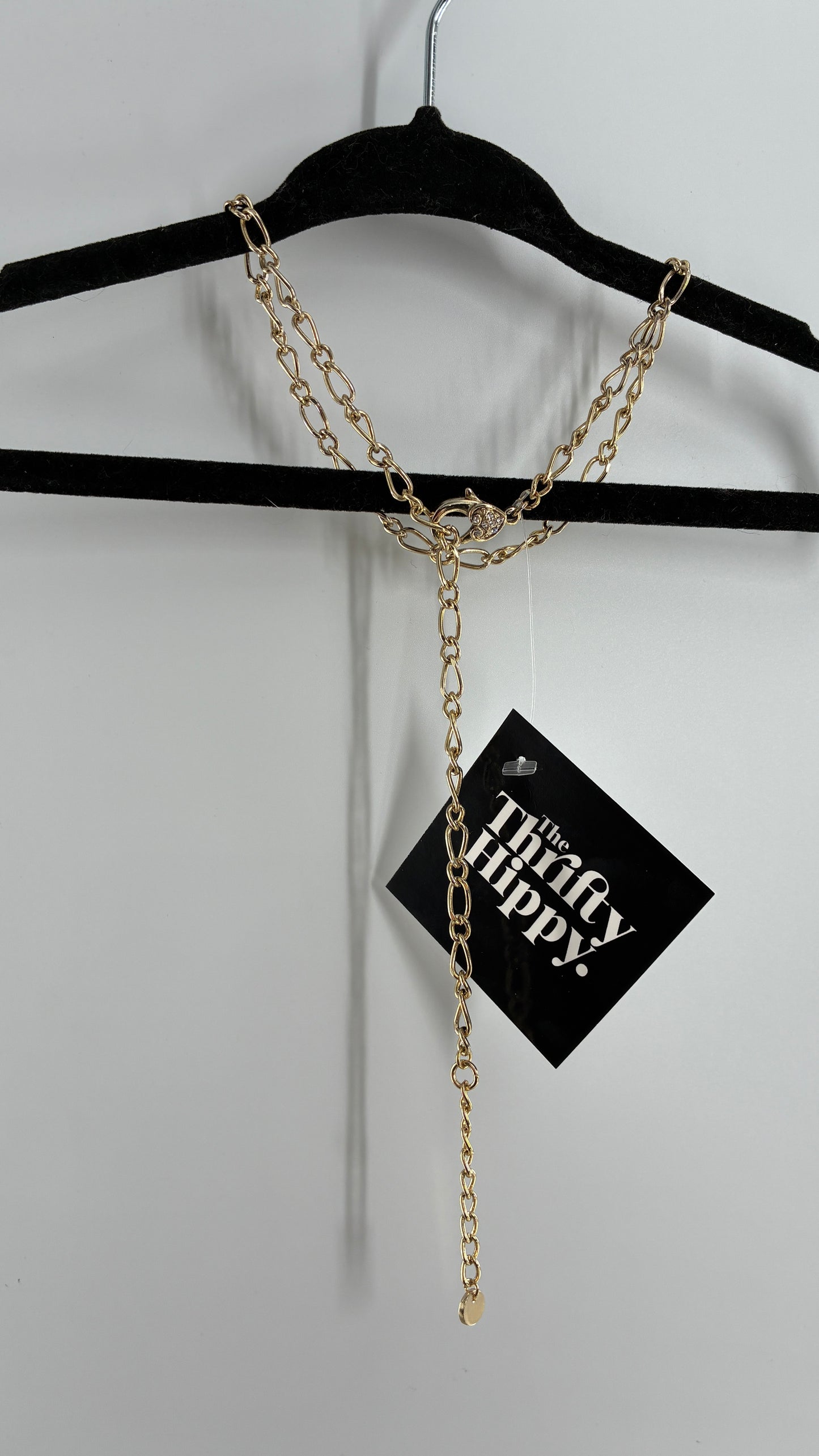 Gold Chain Link Adjustable Necklace with Heart Rhinestone Clasp