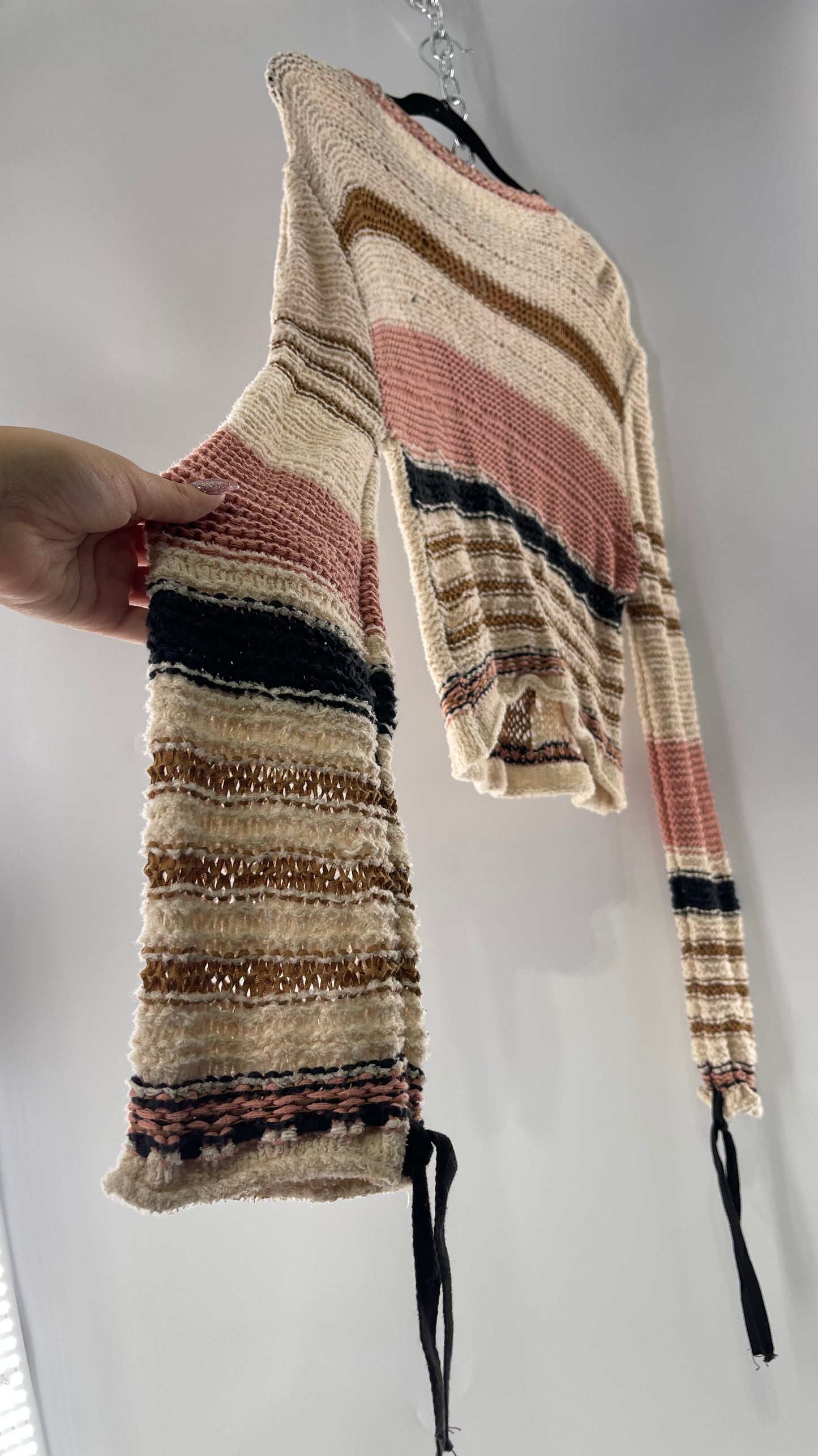 Free People Beige Slouchy Sweater with Dusty Pink, Tan and Black Striping Detail (Medium)
